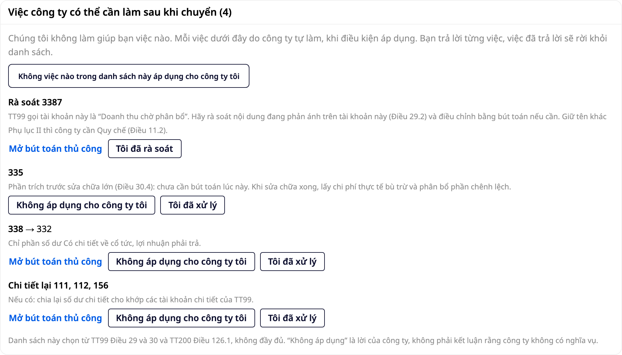 Tasks the company may need to do after conversion tab (4), with button: No tasks in this list apply to my company, and four tasks, each with an answer button