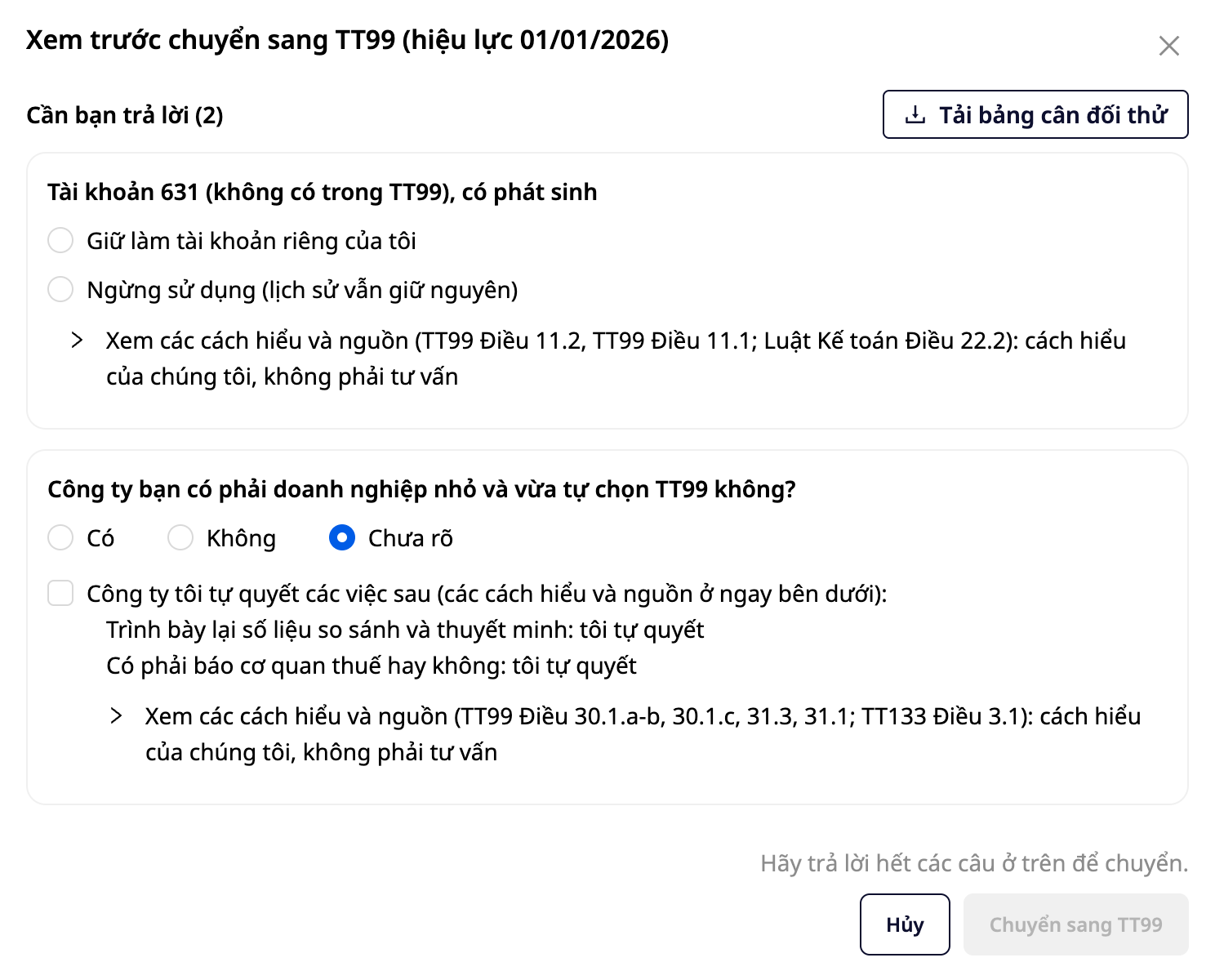 Preview Dialog: question about account 631 has two unselected options, question about small and medium enterprise has Not sure selected, below is a confirmation checkbox: My company decides the following, unchecked, normal Cancel button, Convert to TT99 button is grayed out