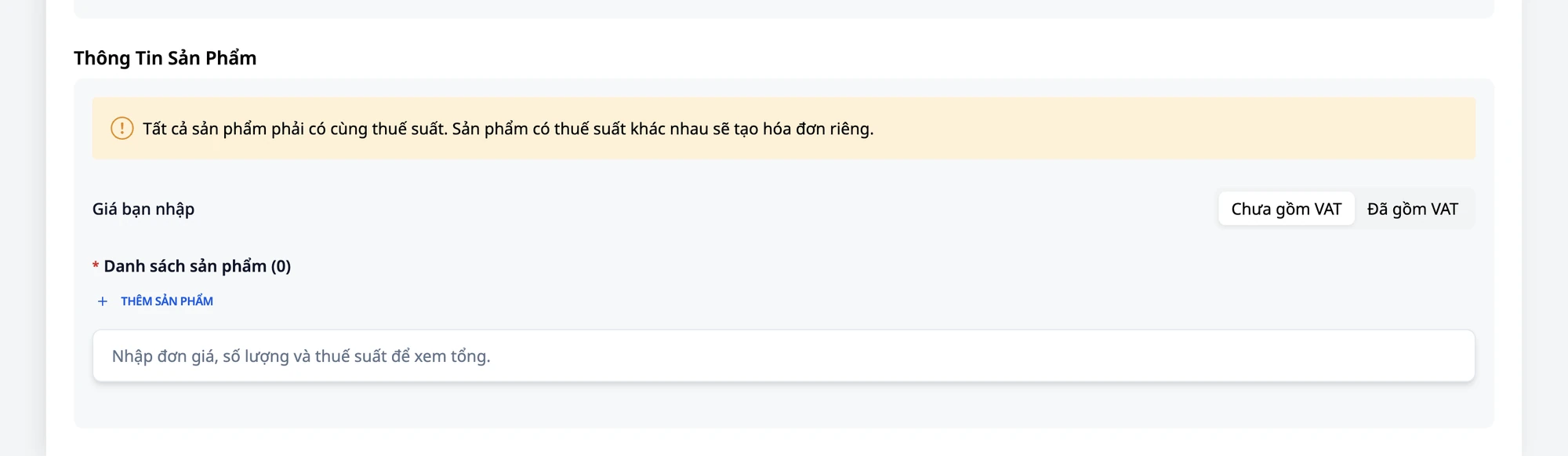 Hluti vörupplýsinga í eyðublaði til að búa til reikning, með reitnum Verð sem þú slærð inn (nú valið Án VSK) fyrir ofan vörulistann