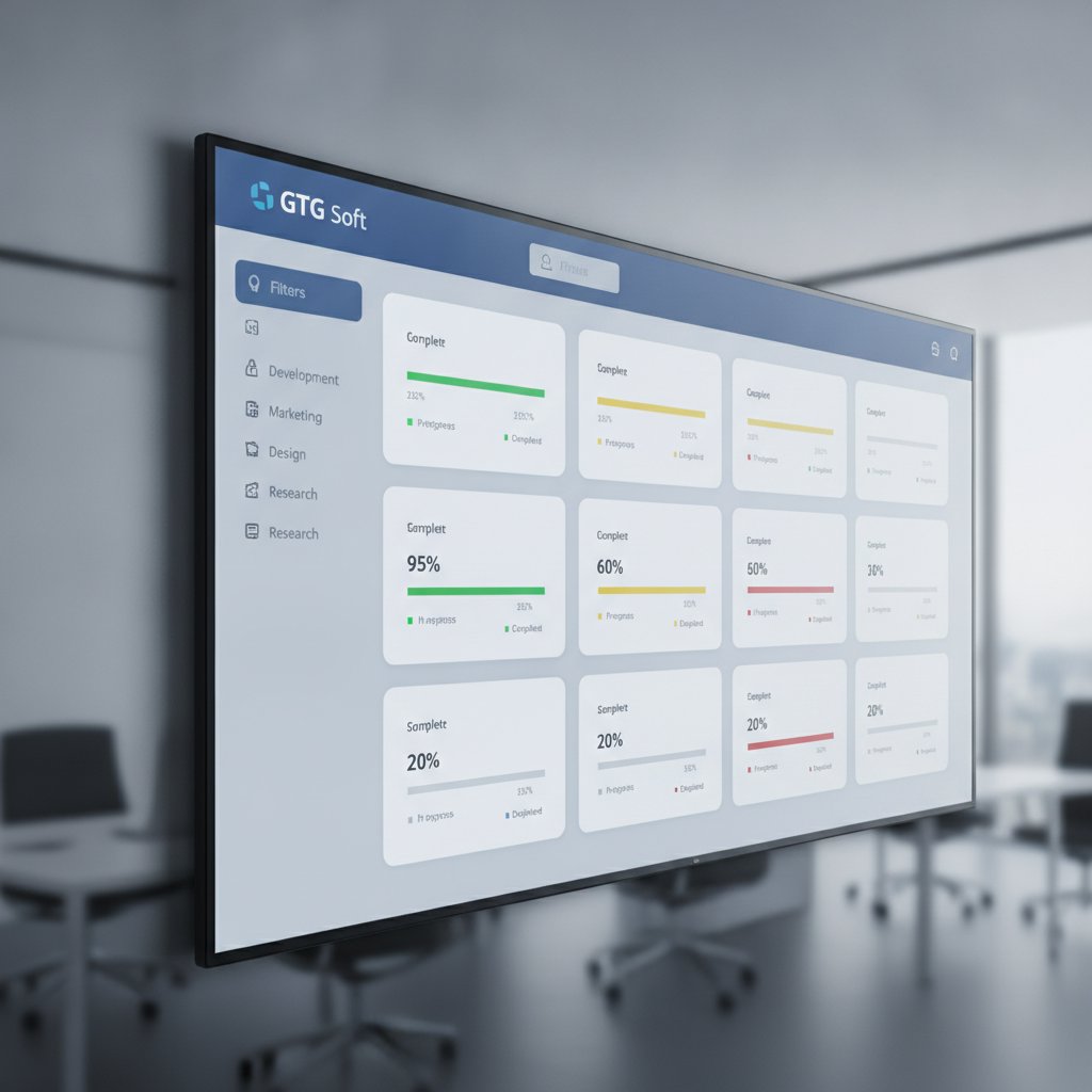 GTG Soft software screen displaying organized project modules and status panels