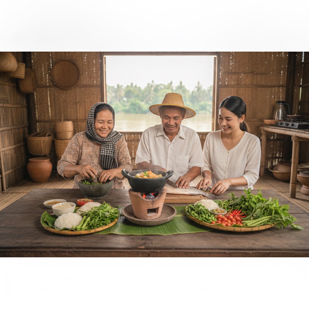 Local host family preparing a traditional Mekong meal with fresh herbs, vegetables, and river fish