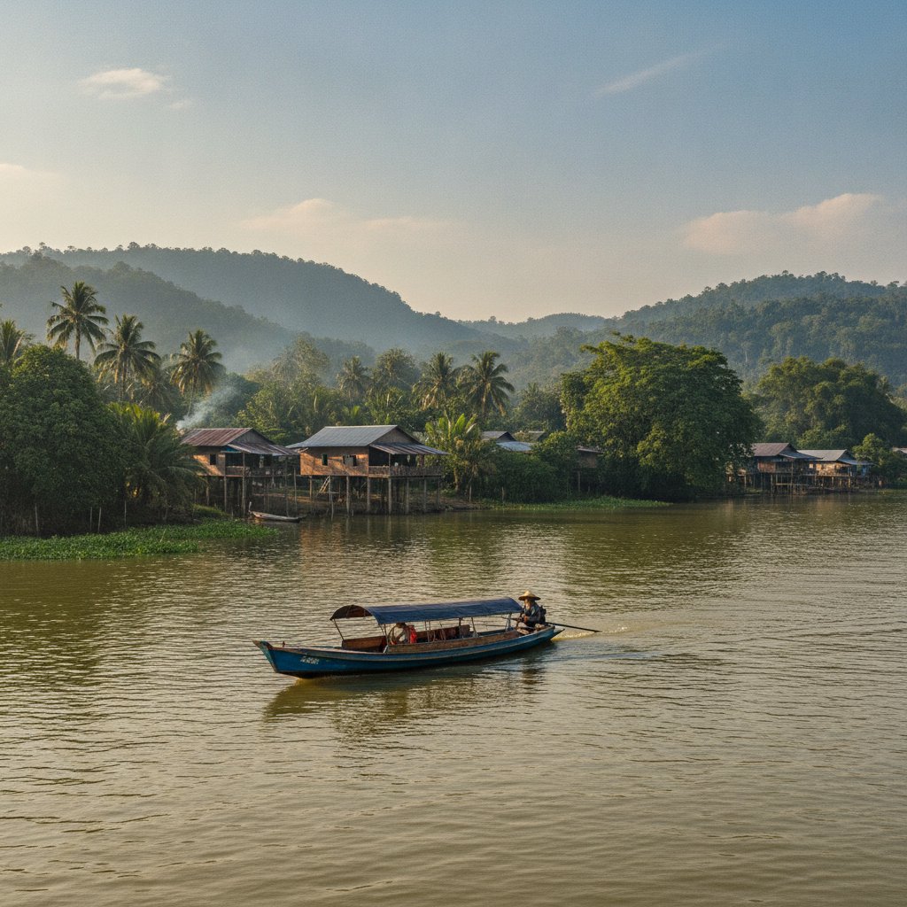 Scenic Mekong River scene with a small wooden boat gliding past lush green riverbanks and village homes
