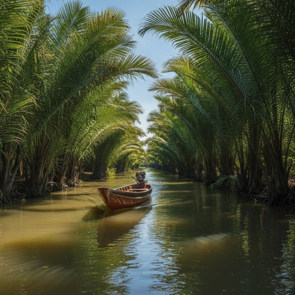 A wooden boat gliding through a narrow Mekong canal lined with tropical palms