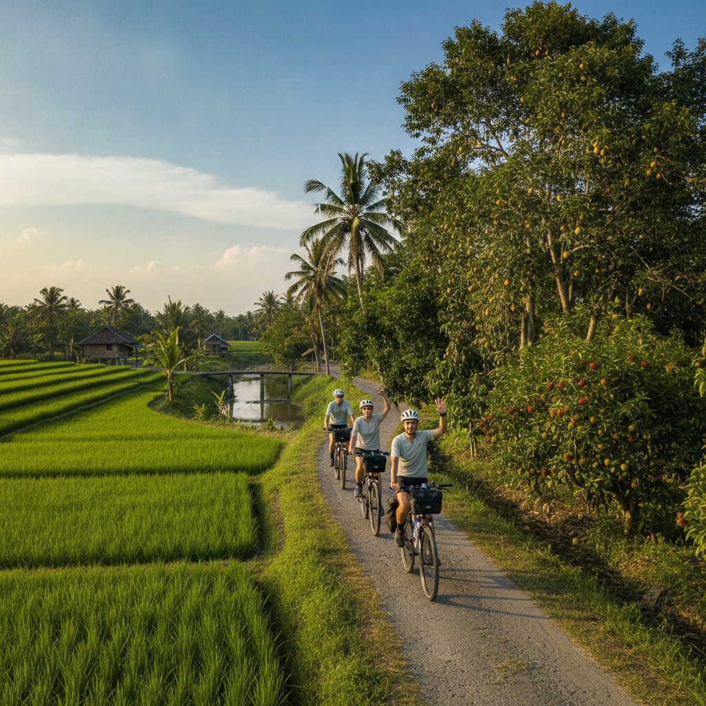 Travelers cycling along a rural path beside rice fields and orchards in the Mekong Delta