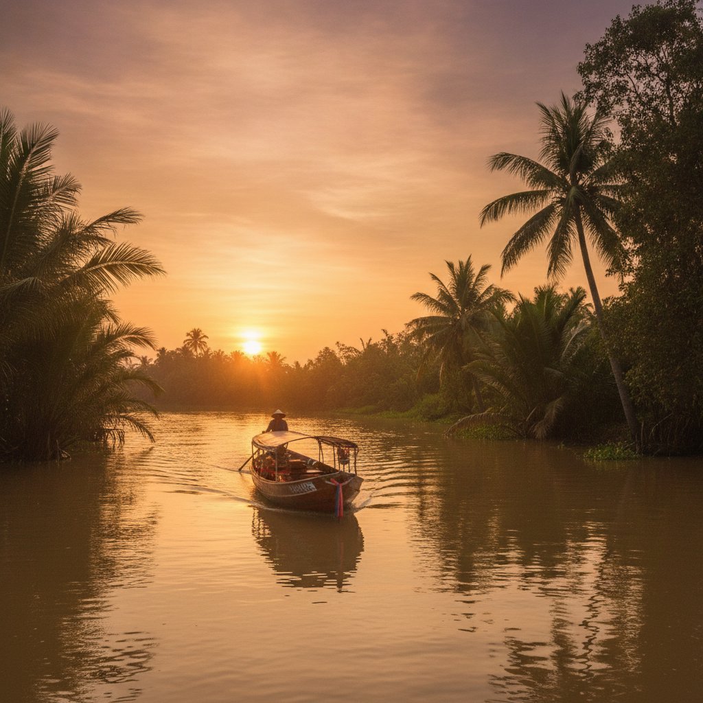 warm golden-hour scene of a private boat gliding through the Mekong Delta with lush palms and calm water