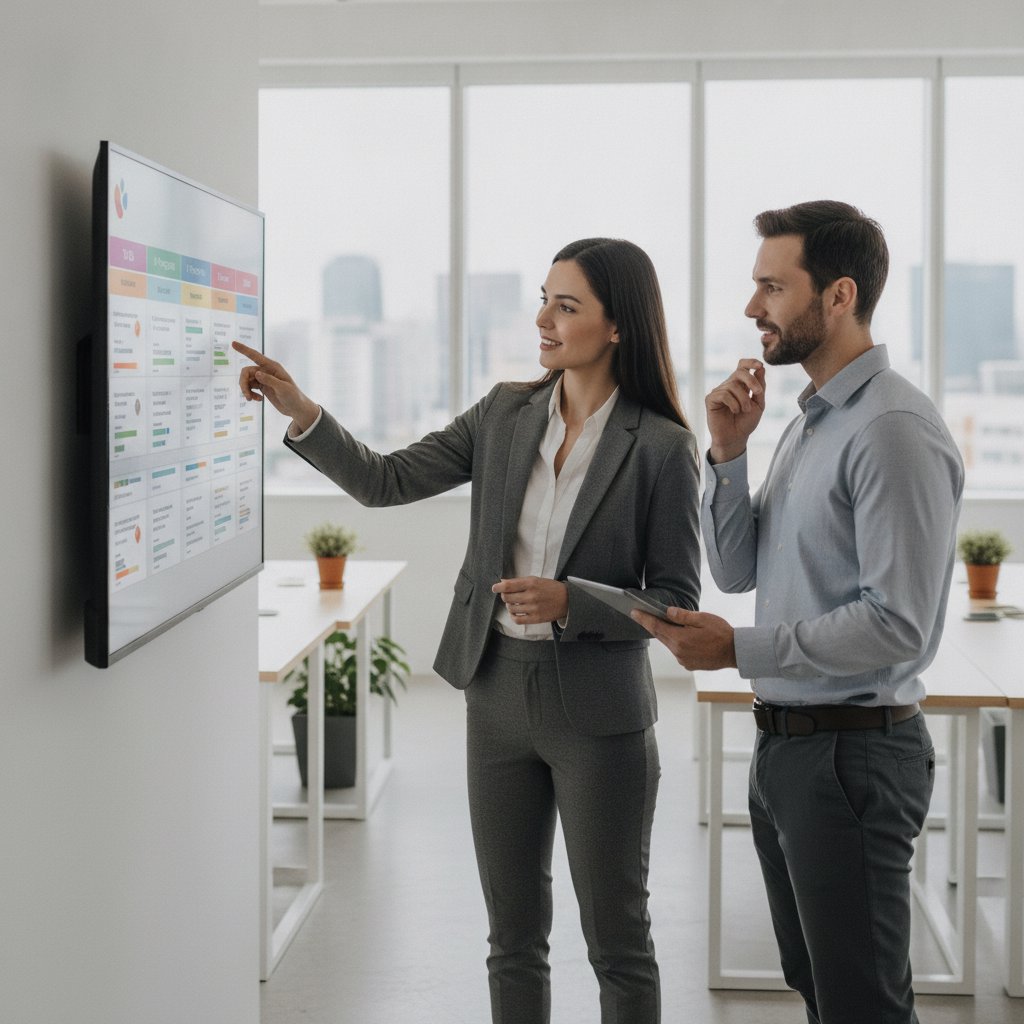 Two colleagues discussing progress on a monitor during a product sprint