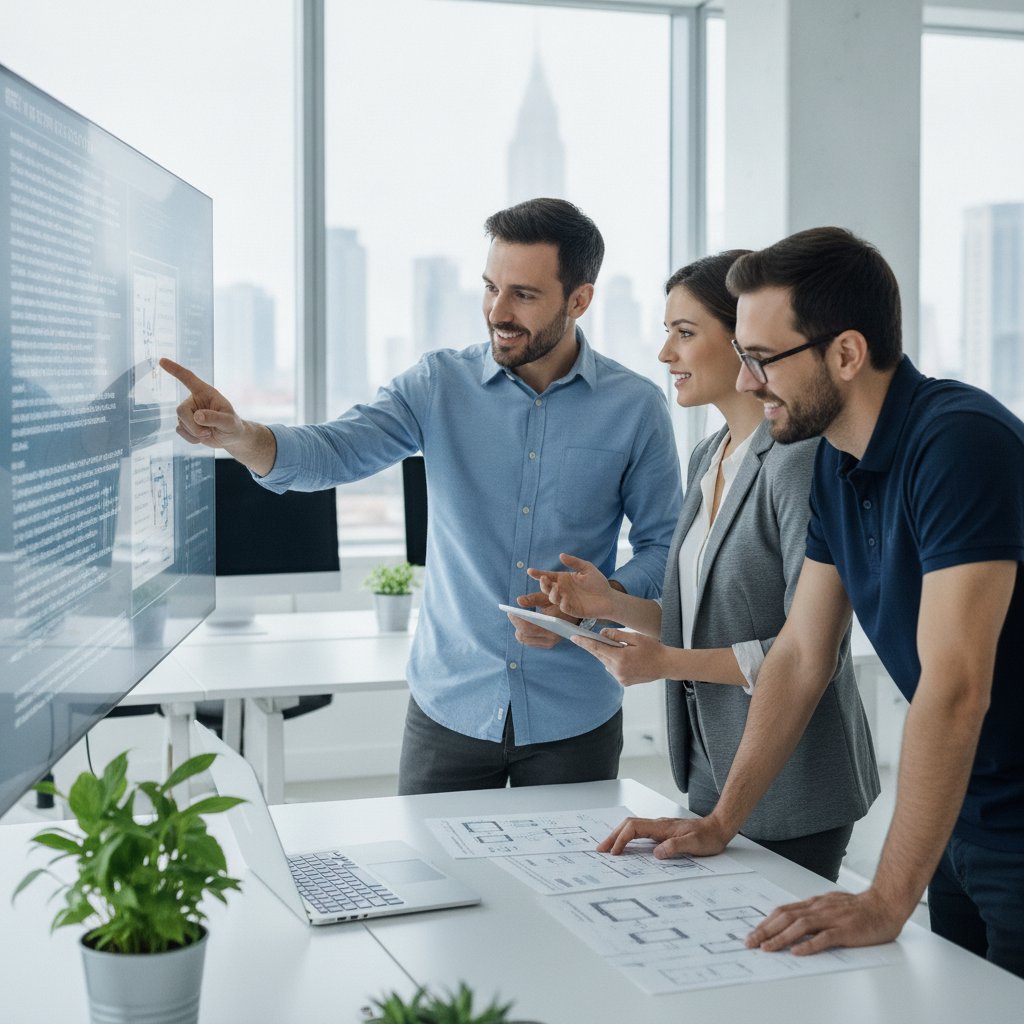 Engineers collaborating on a technical dashboard and reviewing deployment details