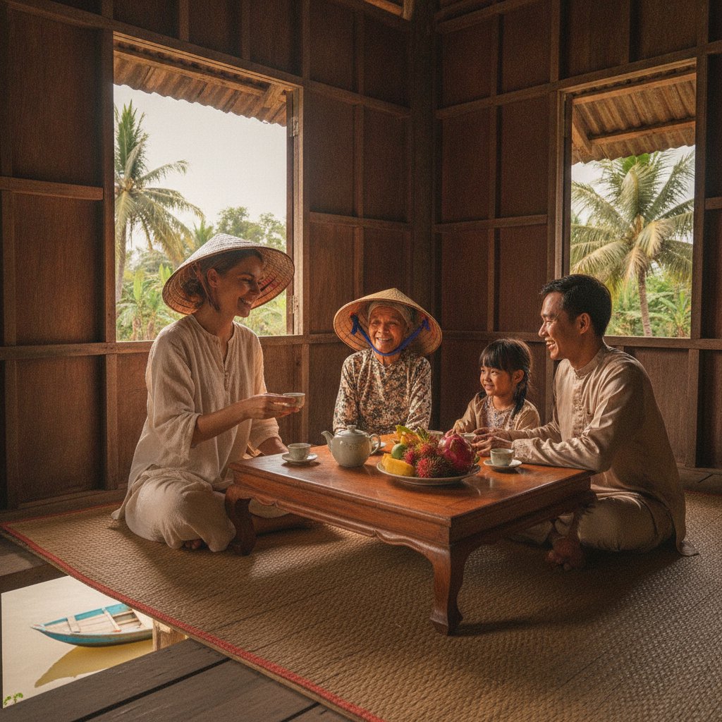 A traveler sharing tea with a Mekong Delta family inside a traditional stilt house