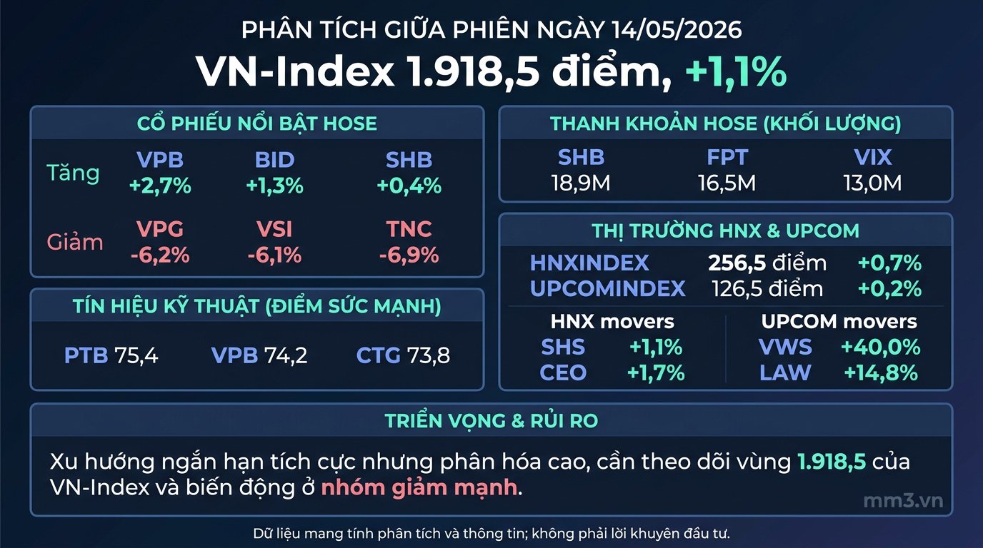 Thị trường giữa phiên 14/05: VN-Index giữ sắc xanh, dòng tiền lan tỏa ở nhóm dẫn dắt