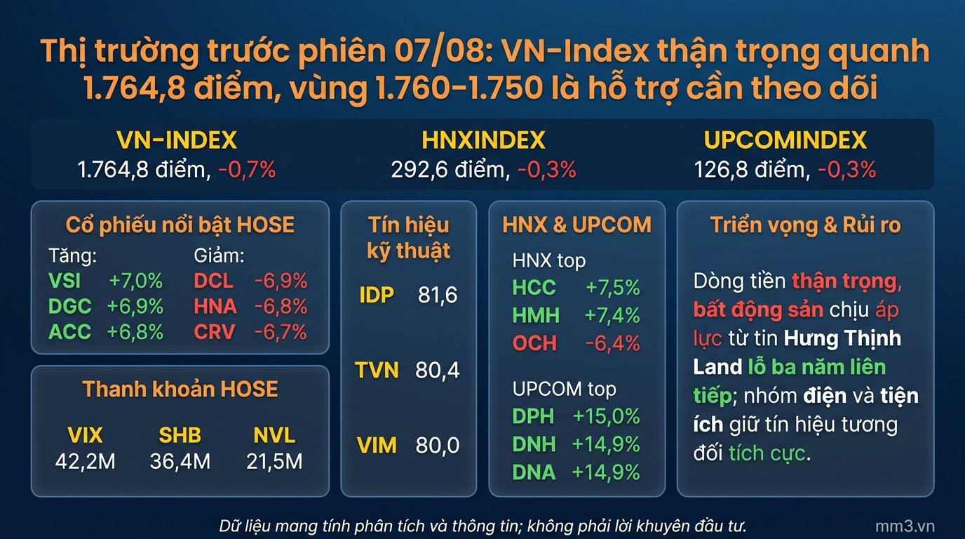 Thị trường trước phiên 07/08: VN-Index thận trọng quanh 1.764,8 điểm, nhóm bất động sản tiếp tục chịu áp lực