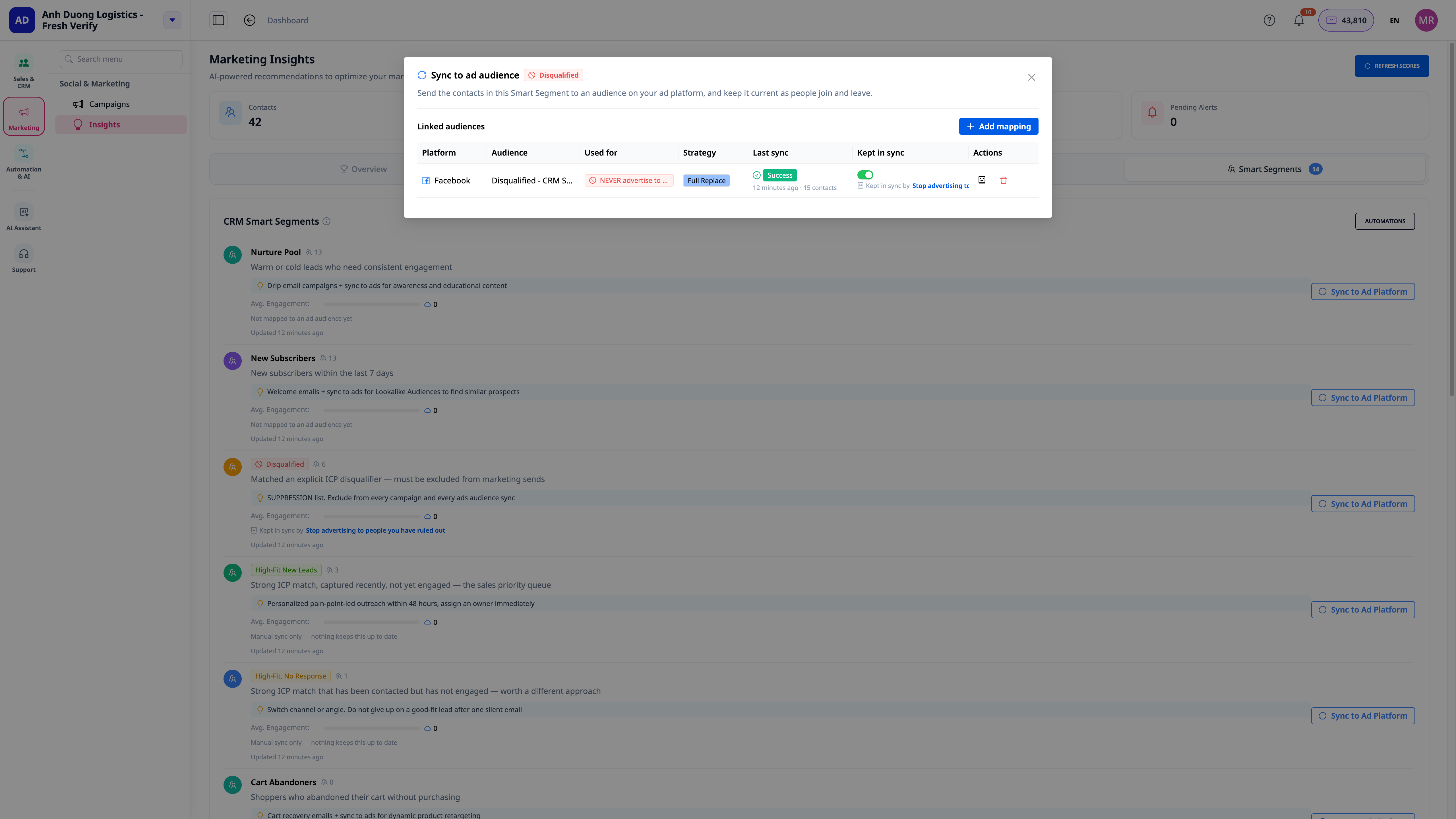 Modal "Synchronize to ad audience" for Disqualified segment — one click keeps Facebook audiences always matching CRM segments, real screenshot from GTG CRM