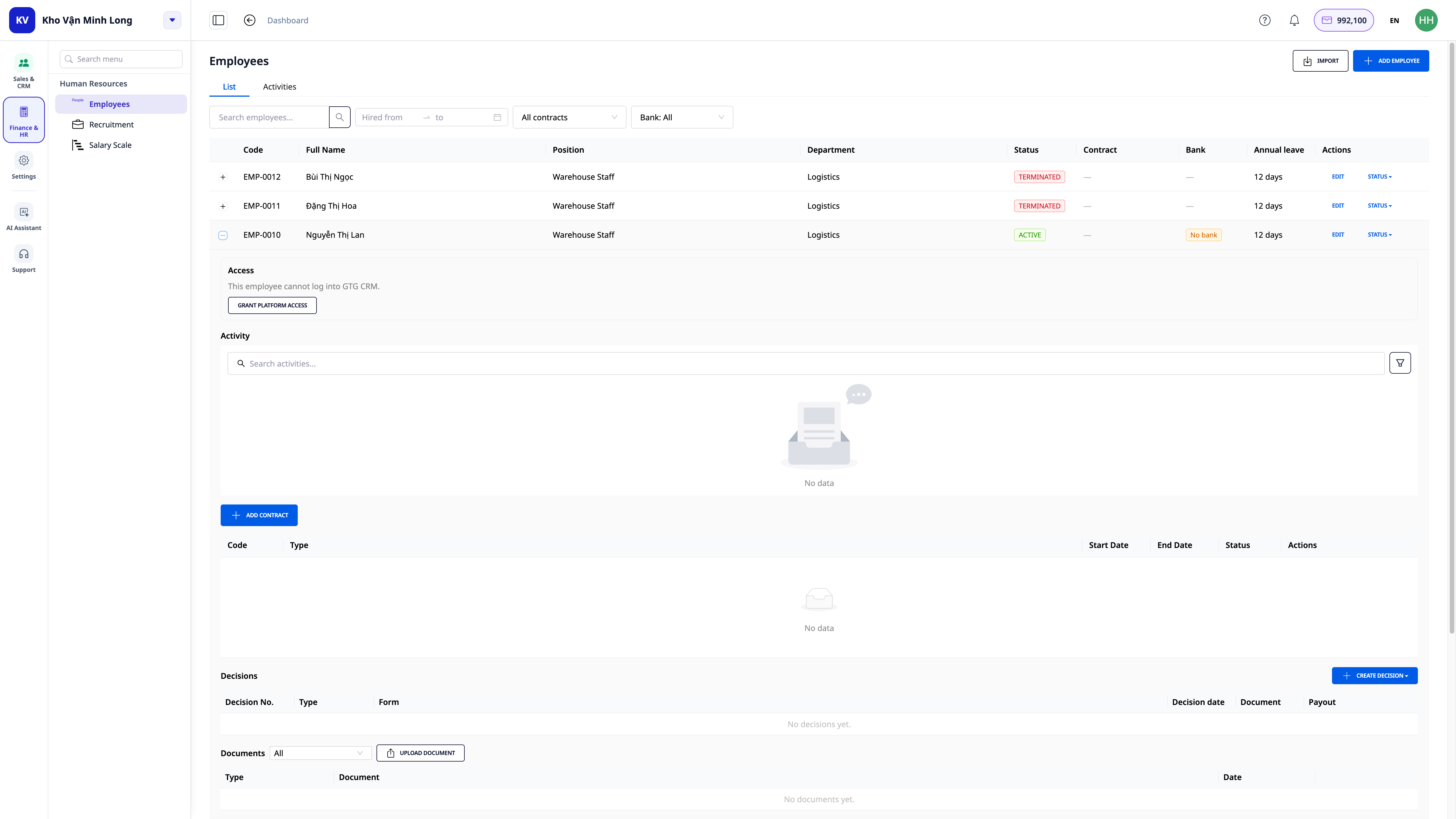 Expanding an employee row without access — displays "This employee cannot log in to GTG CRM yet" with the Grant Access button, real screenshot on GTG CRM