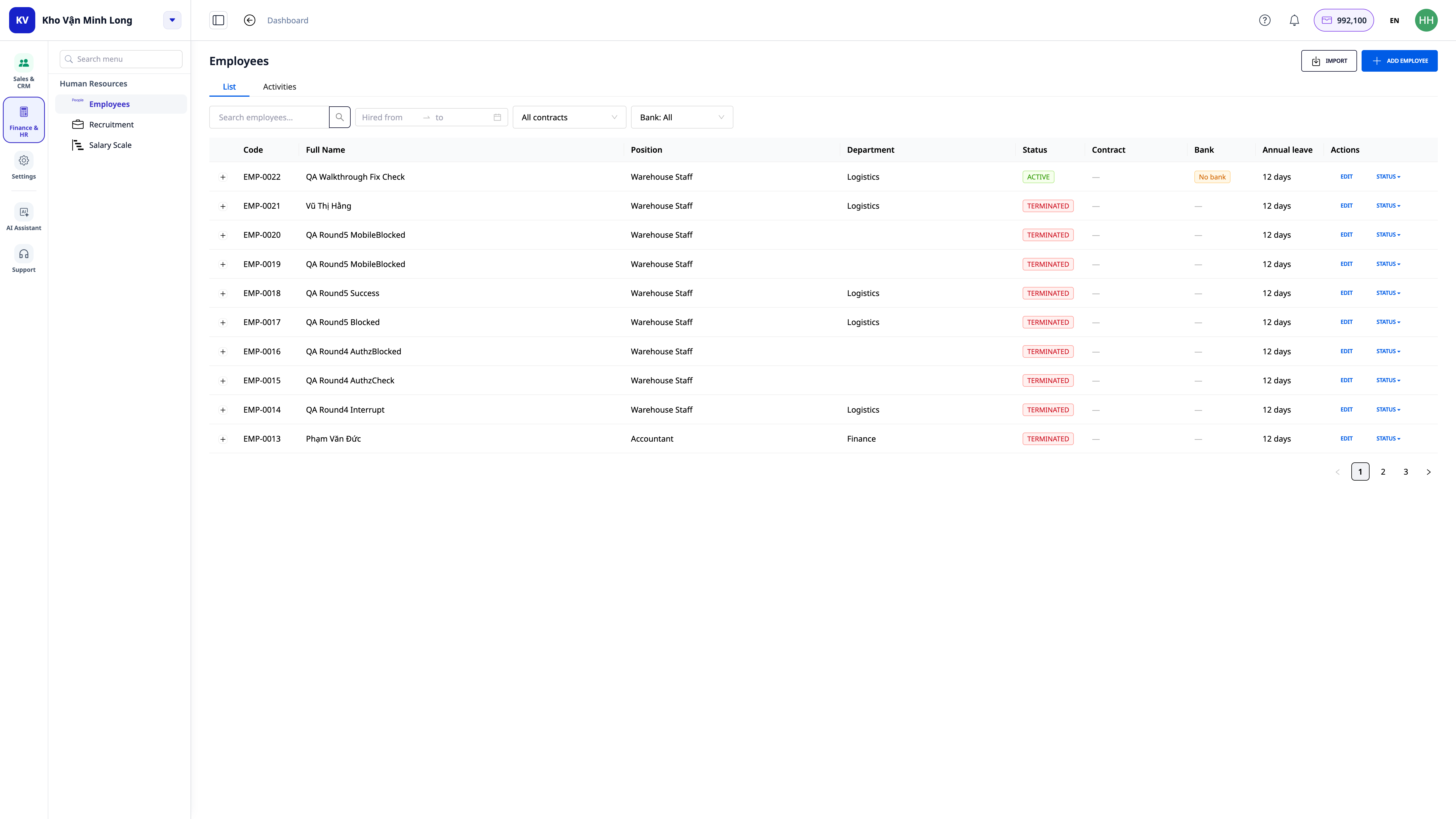 Employee Profile List — each row clearly shows platform access status, real screenshot on GTG CRM