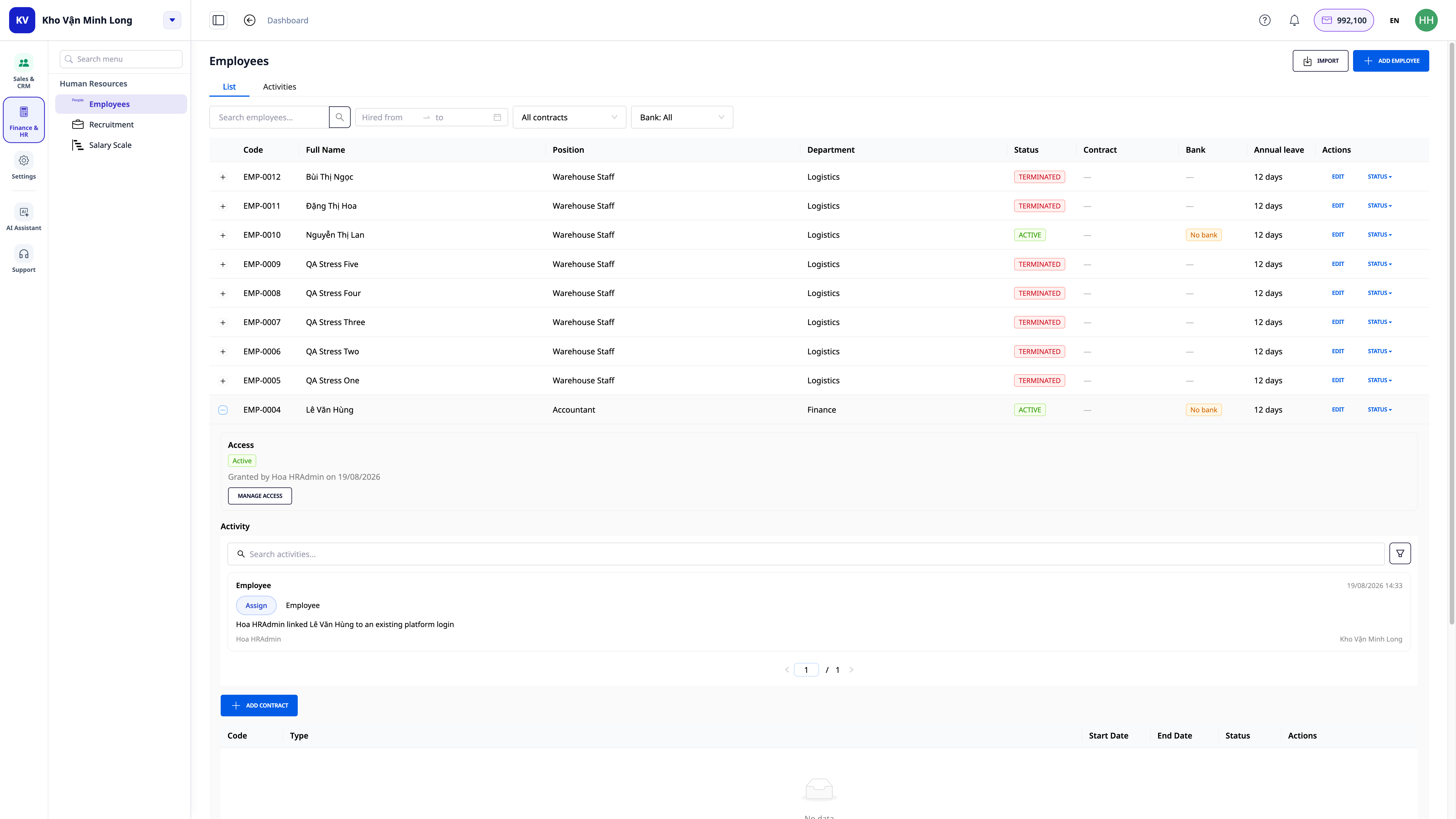 Employee profile after access granted — Active status, role, and Activity Log clearly shows who linked access rights, real screenshot on GTG CRM