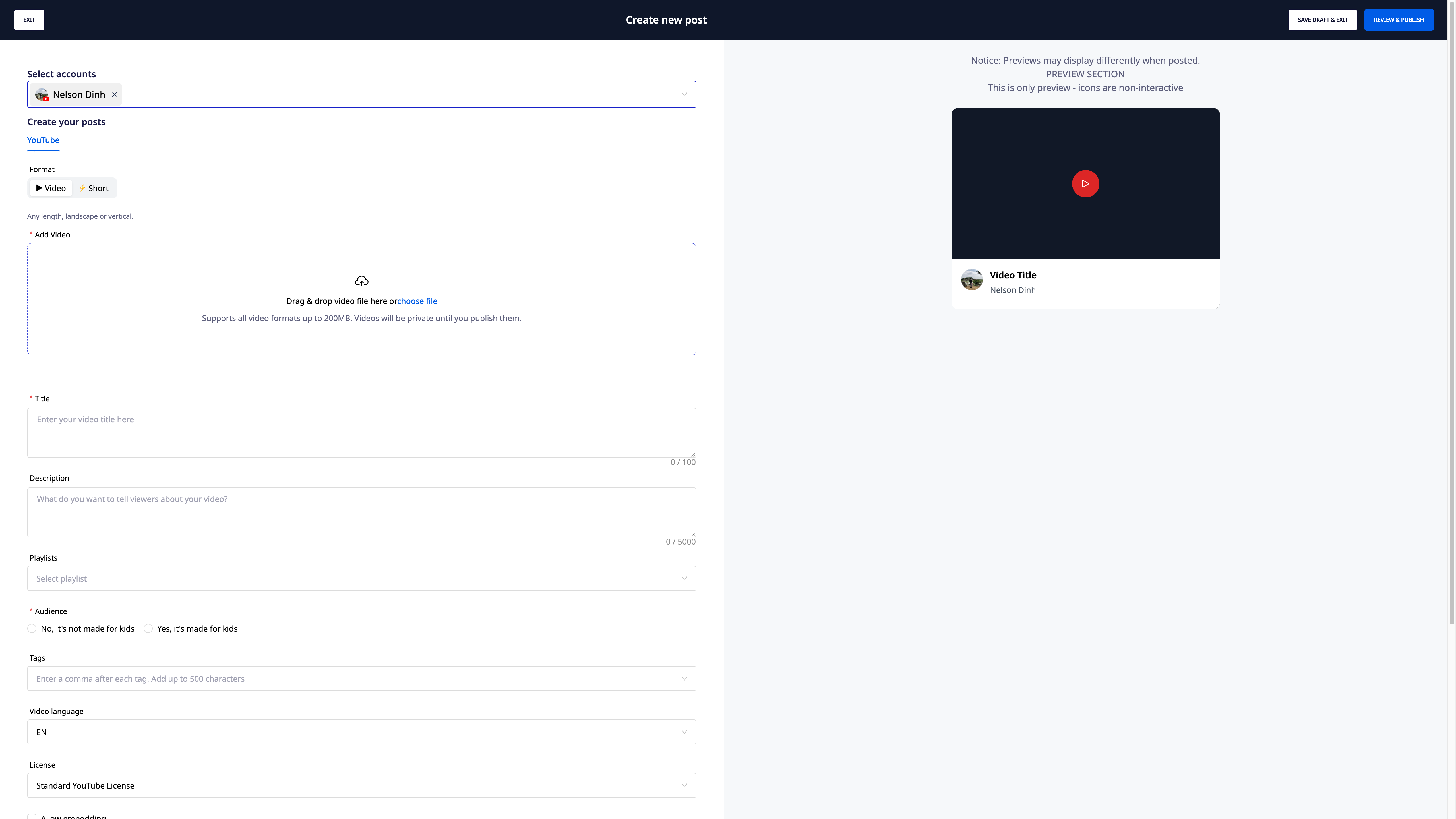 投稿コンポーザー — 接続済みの YouTube チャンネルを選択し、GTG CRM 上で直接、動画かショートかを選択