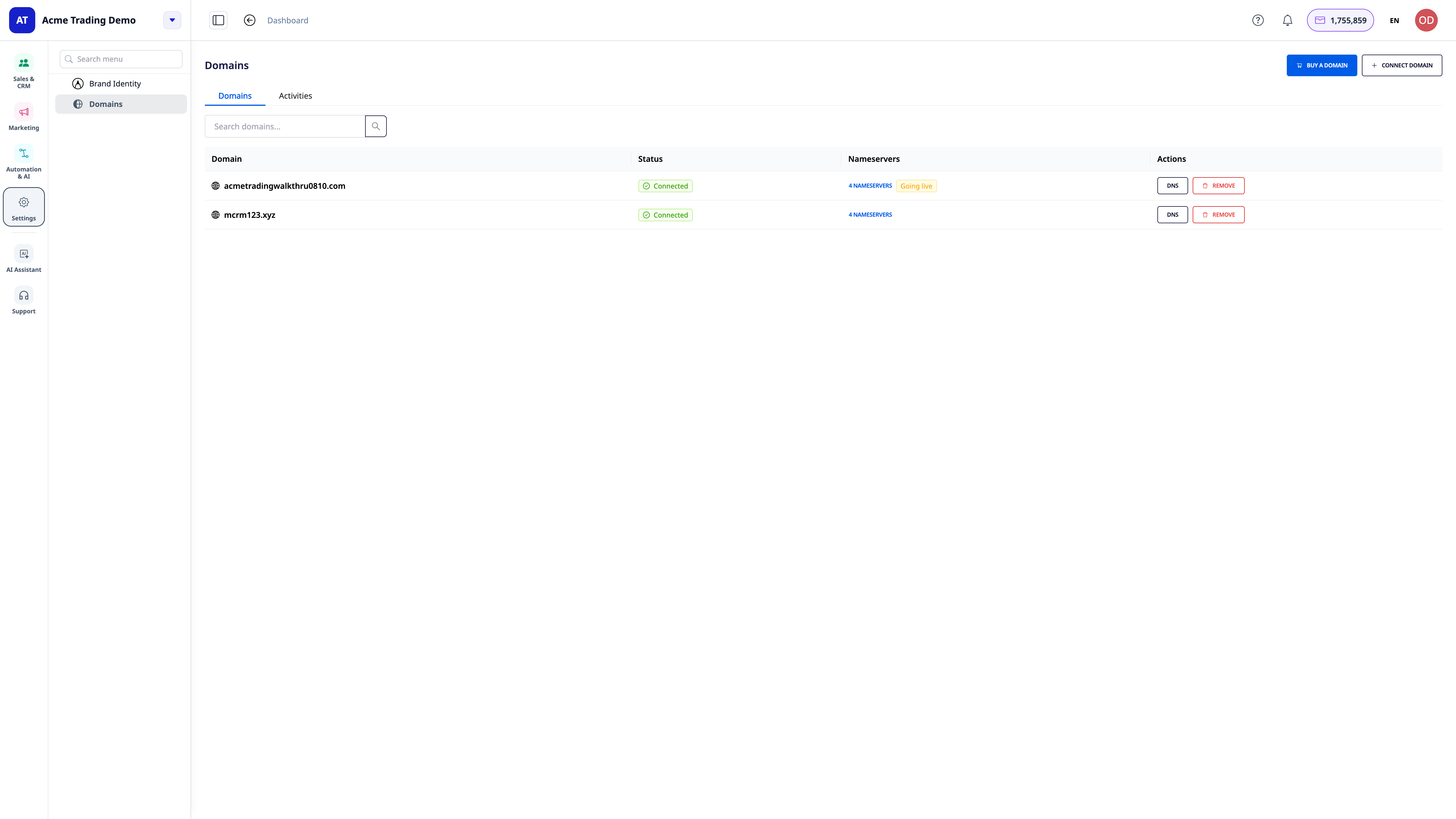 Màn hình Settings, Brand Identity, Domains trong GTG CRM, hiển thị domain đã kết nối