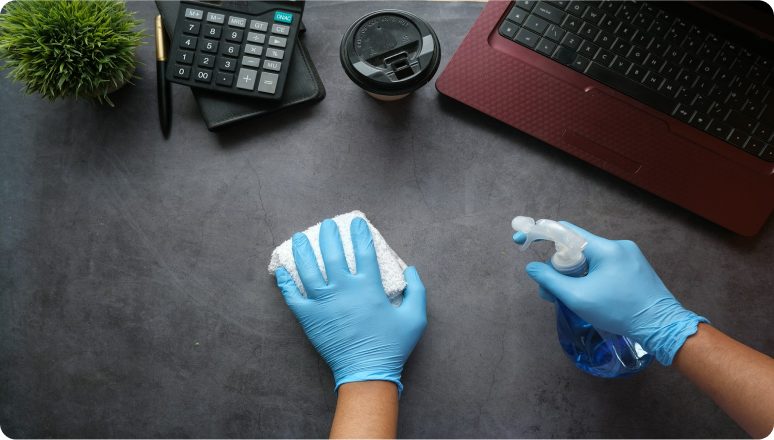 Office wiped down and sanitized by a professional cleaner