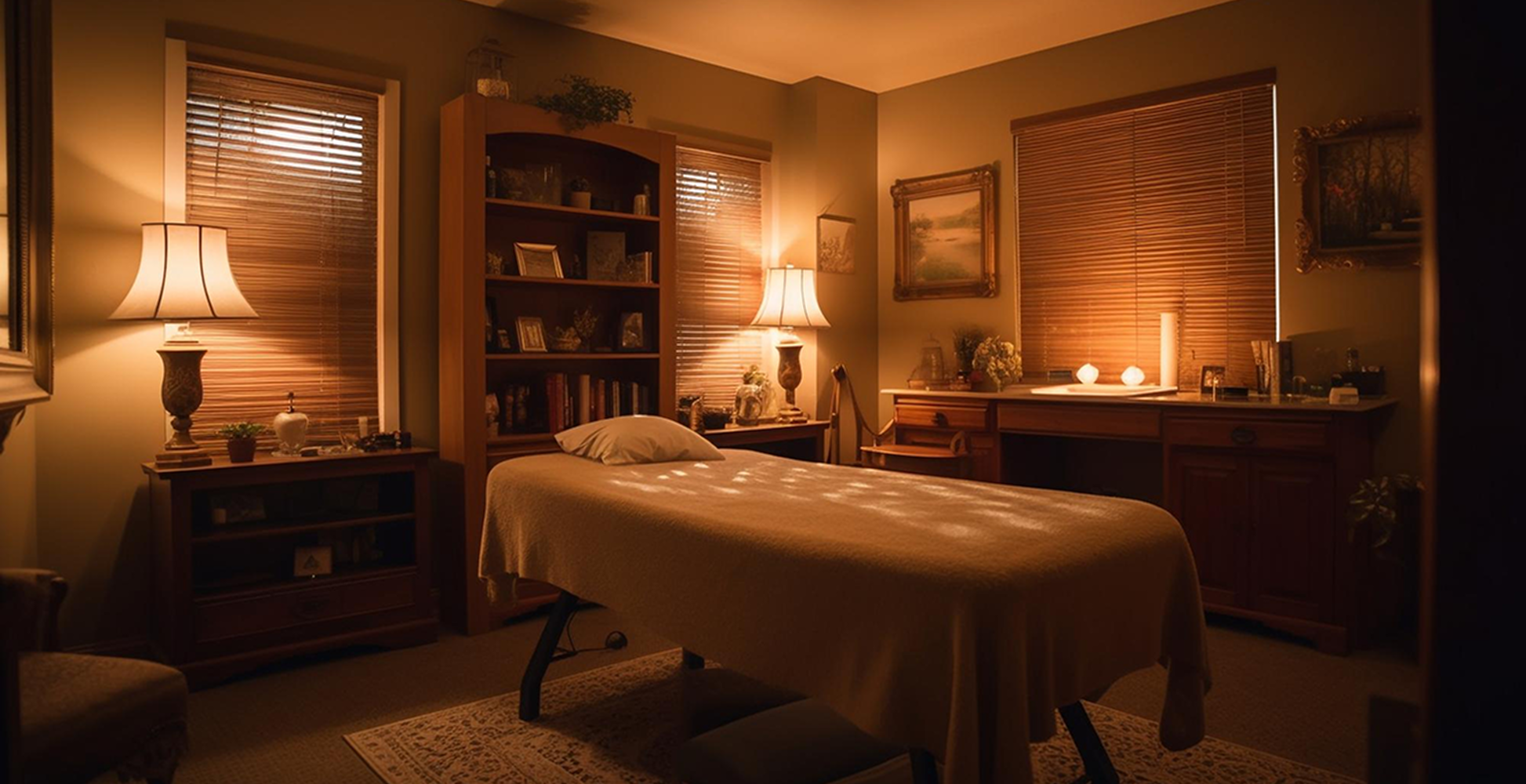 Luxurious and tranquil interior of our spa's massage treatment room.