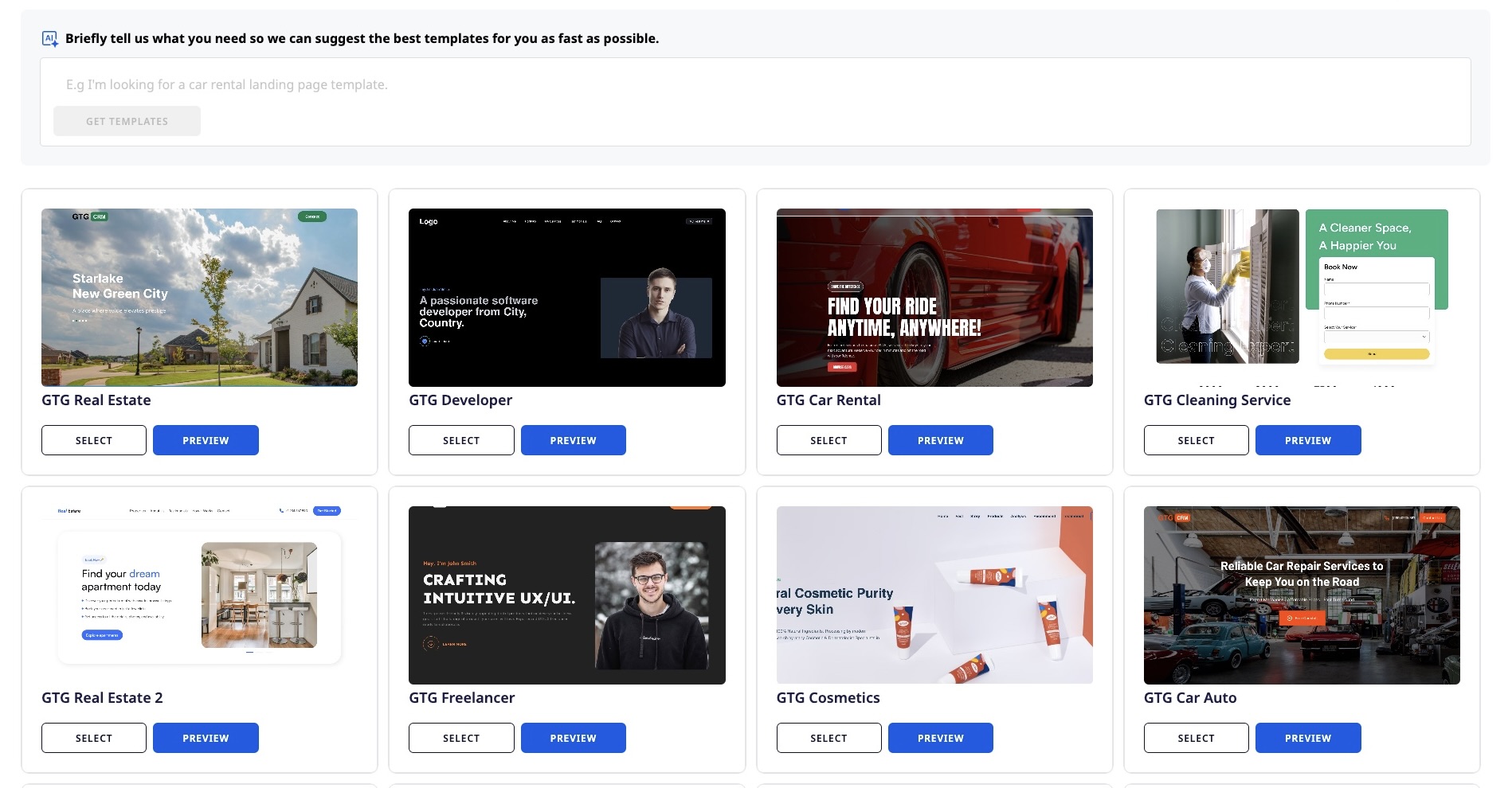 Kho thư viện landing page với nhiều lĩnh vực tại nền tảng GTG CRM