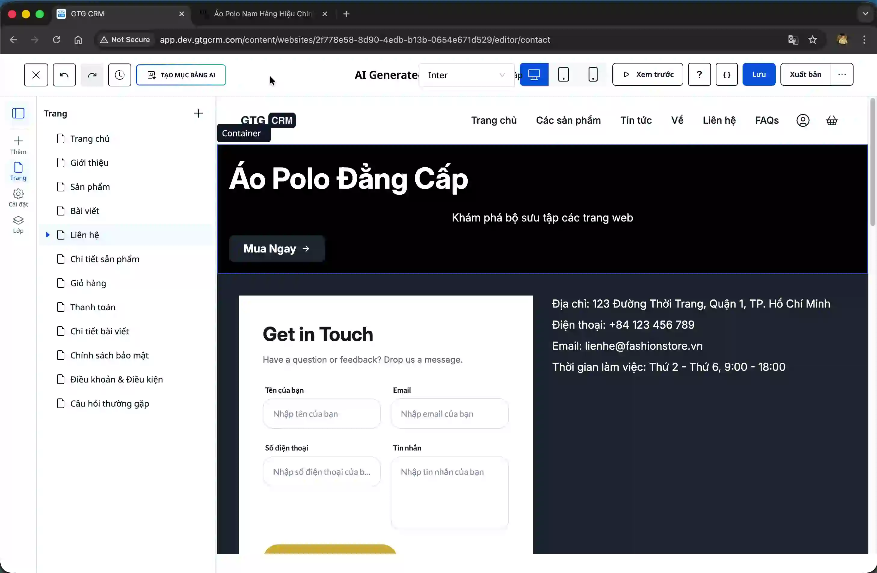 Interface for creating sections with AI in GTG CRM