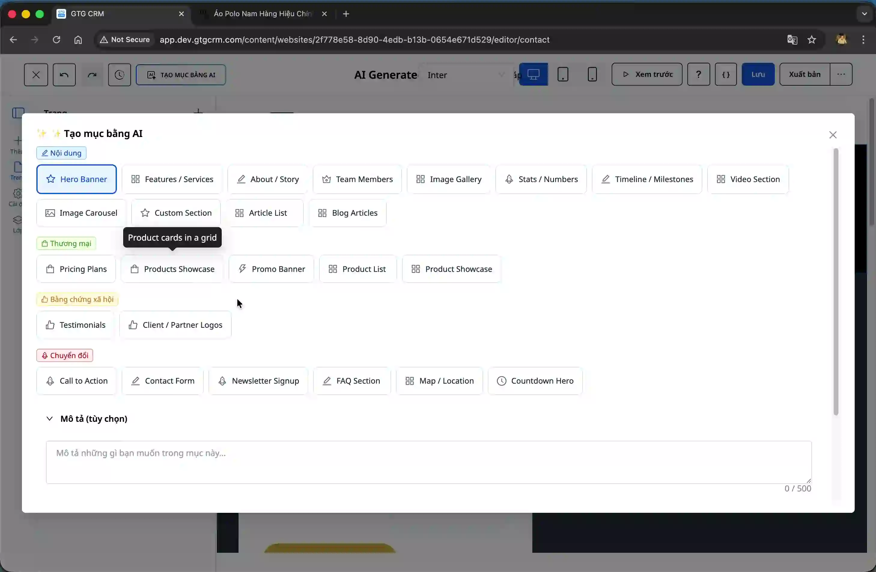 Formulir entri informasi untuk membuat bagian.