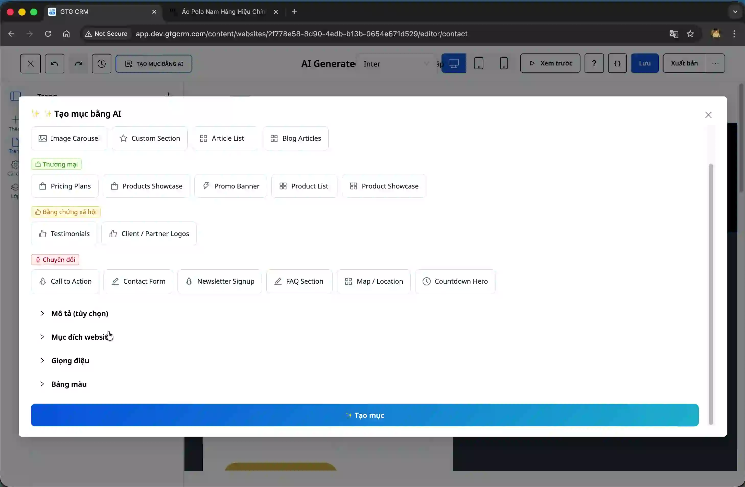Enter the information to create a new section.