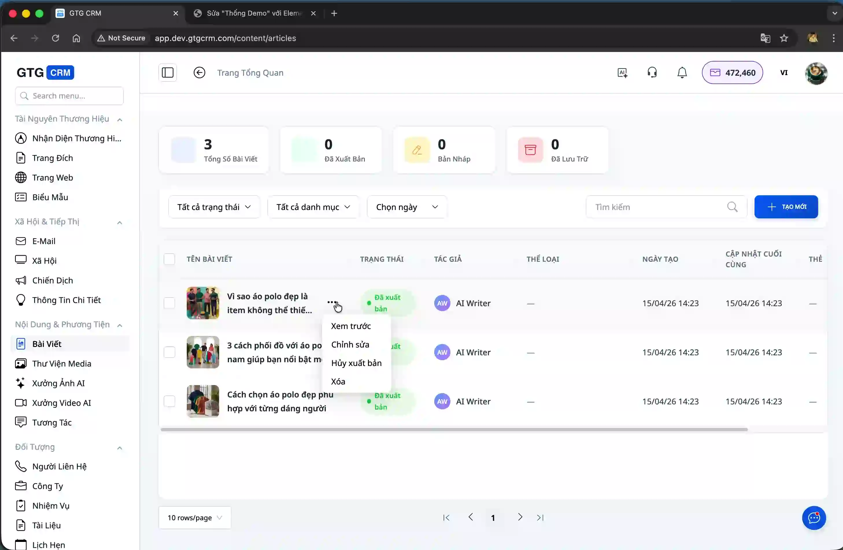 Daftar artikel di GTG CRM