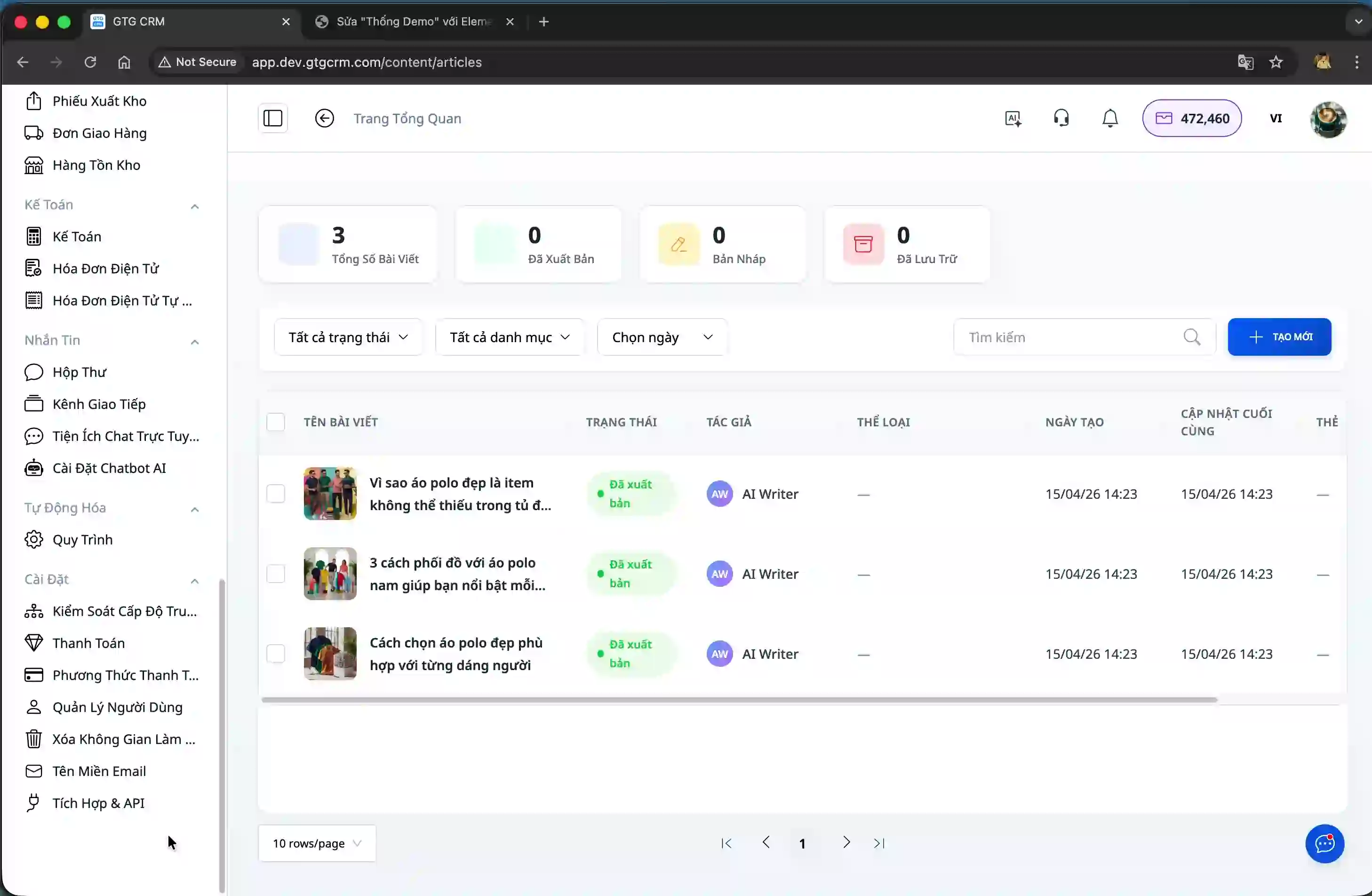 The settings page is integrated into GTG CRM.
