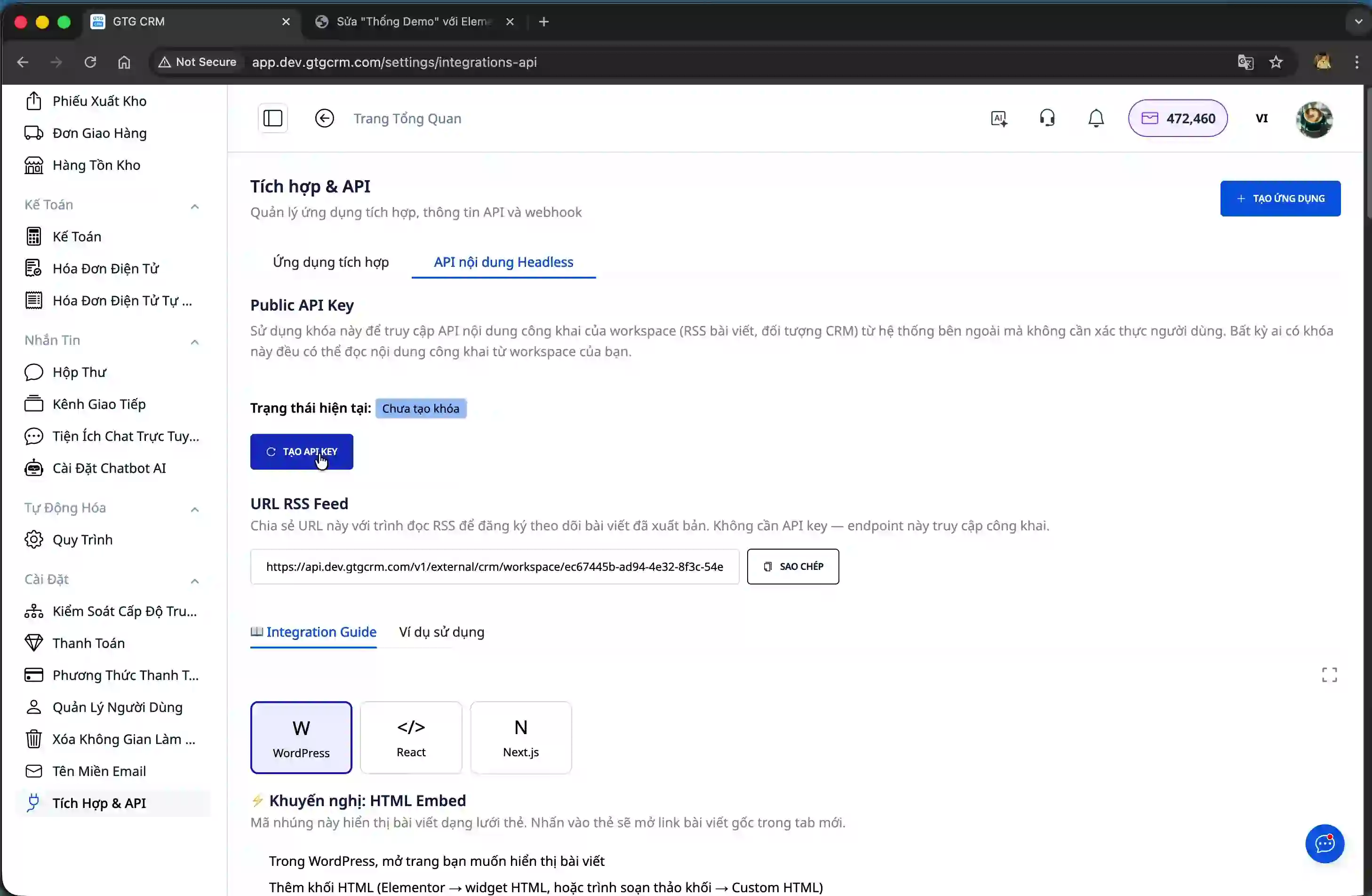 Creating an API Key in GTG CRM