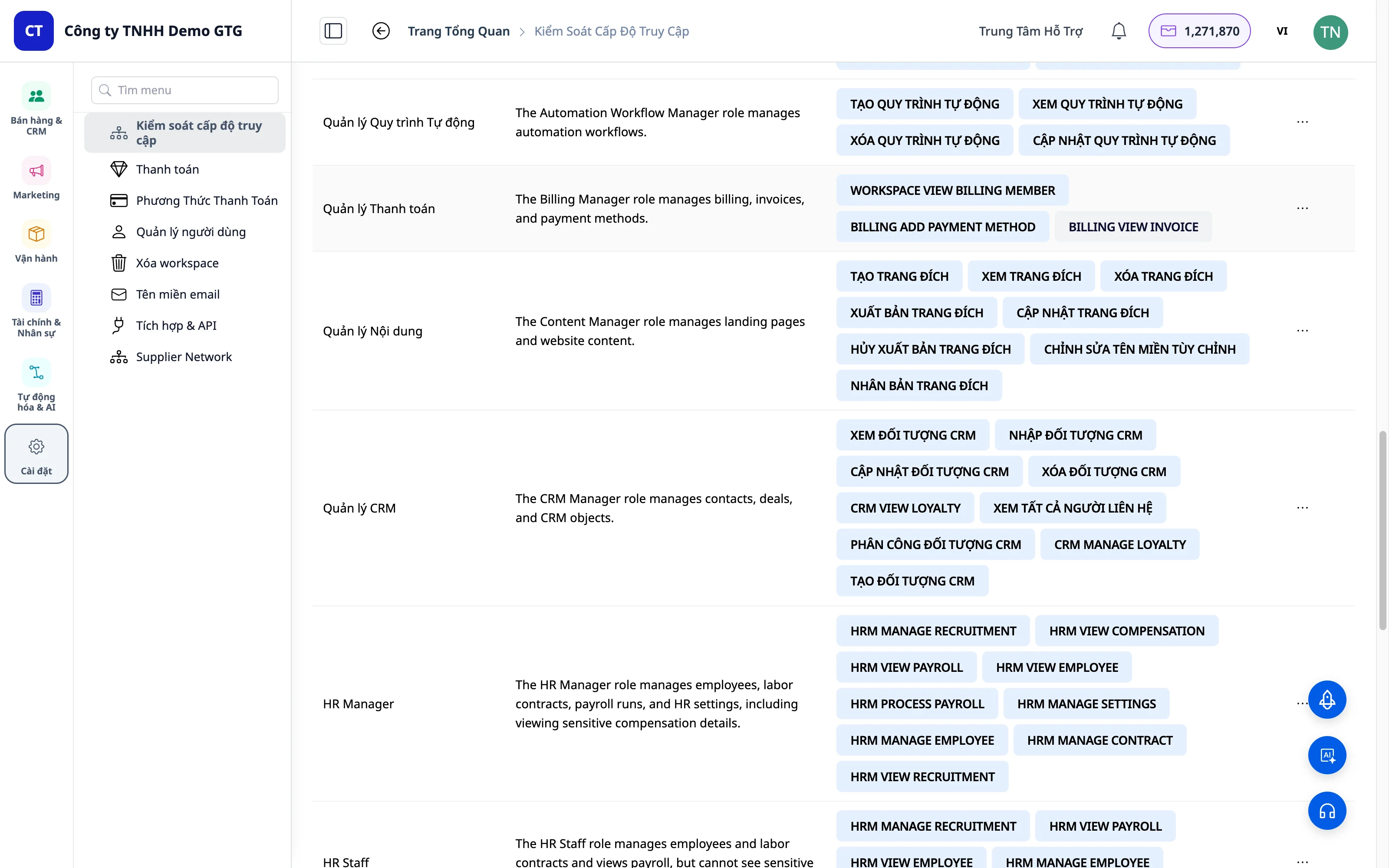 Các vai trò mặc định trong GTG CRM
