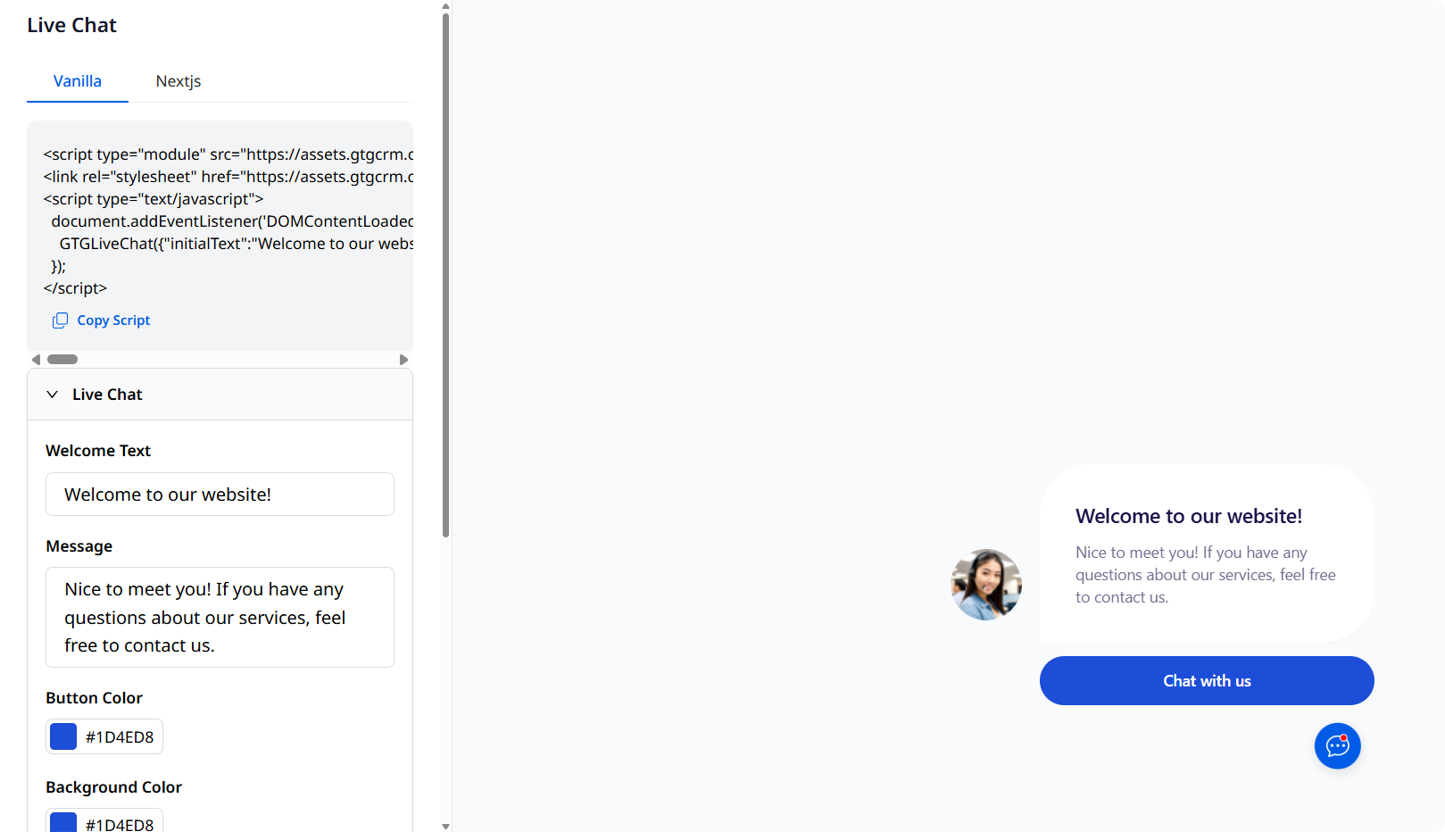 Integrate Live Chat right on GTG CRM's Landing Page