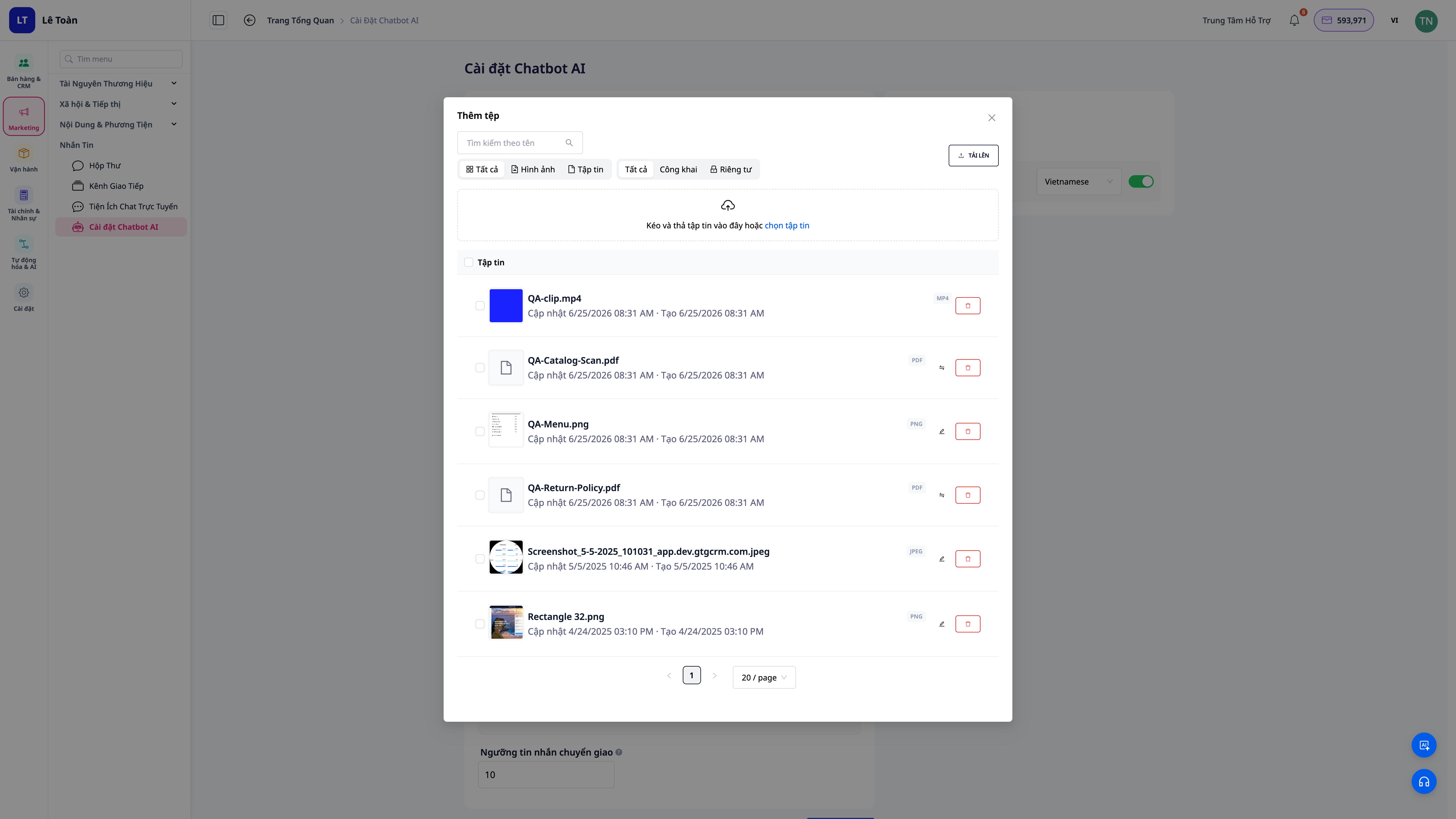 Screen for uploading documents as knowledge sources for the chatbot