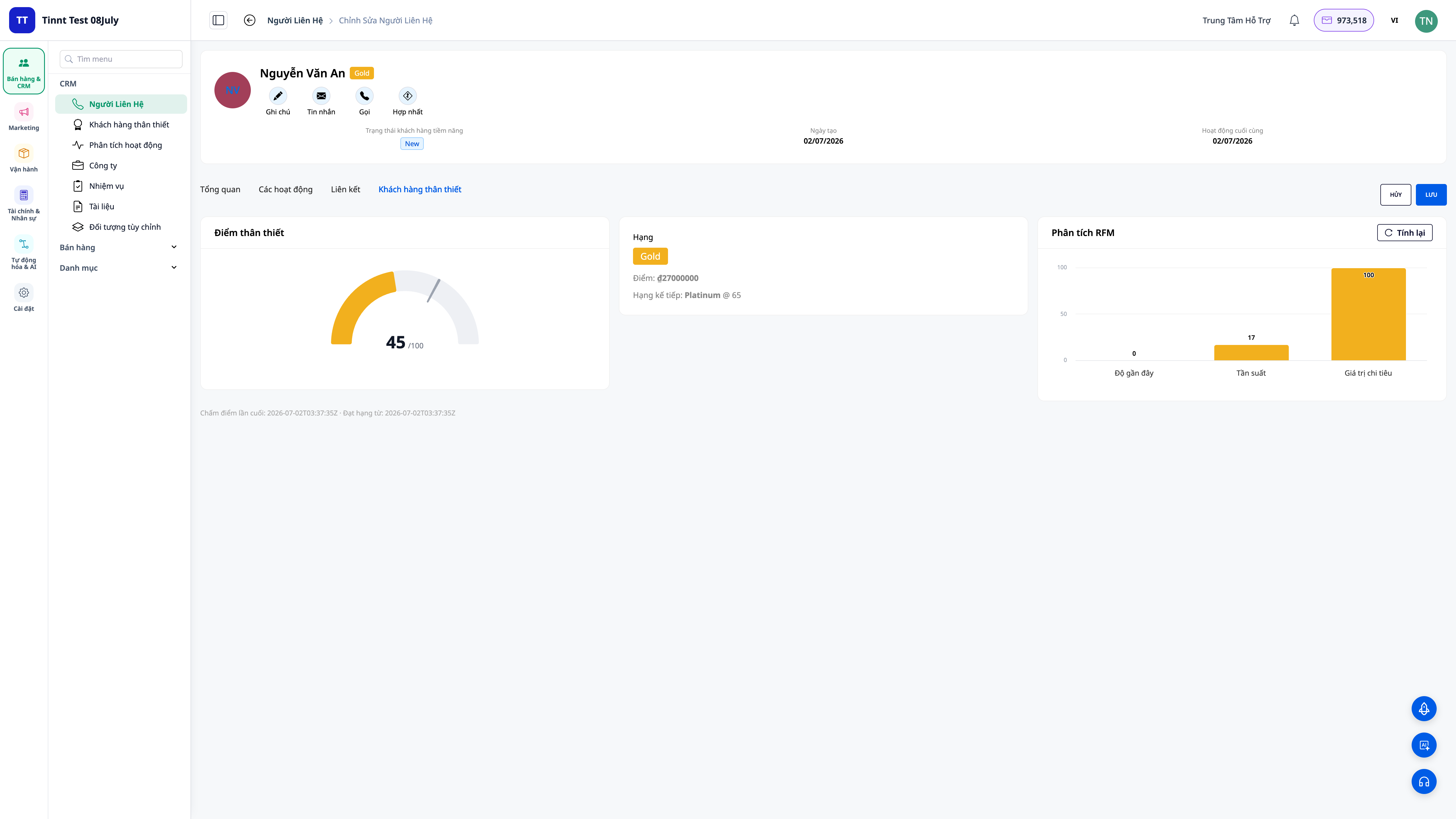 Loyalty tab on a contact's profile — score, tier, and tier change history