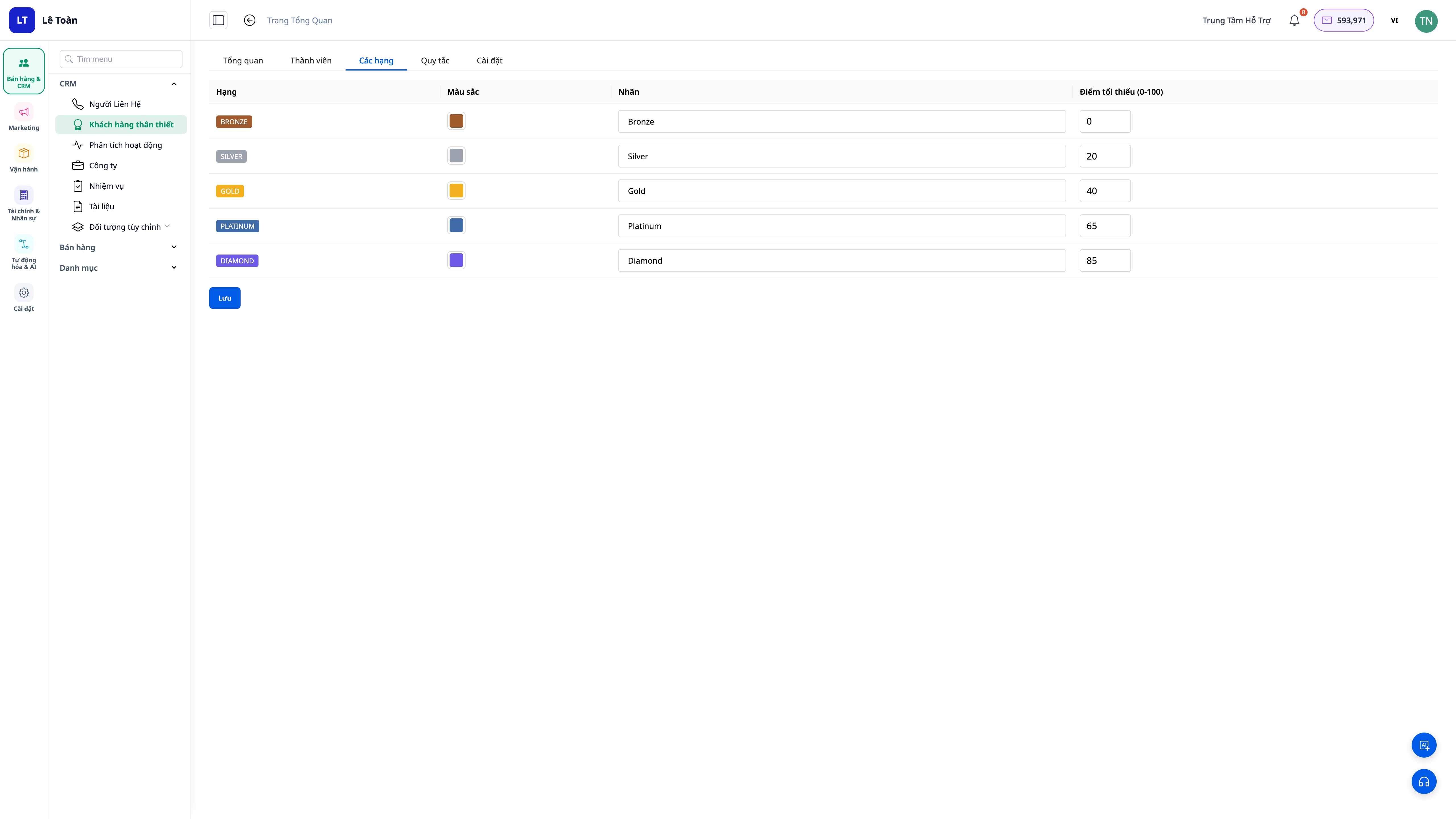 Tier configuration screen with custom labels and colors