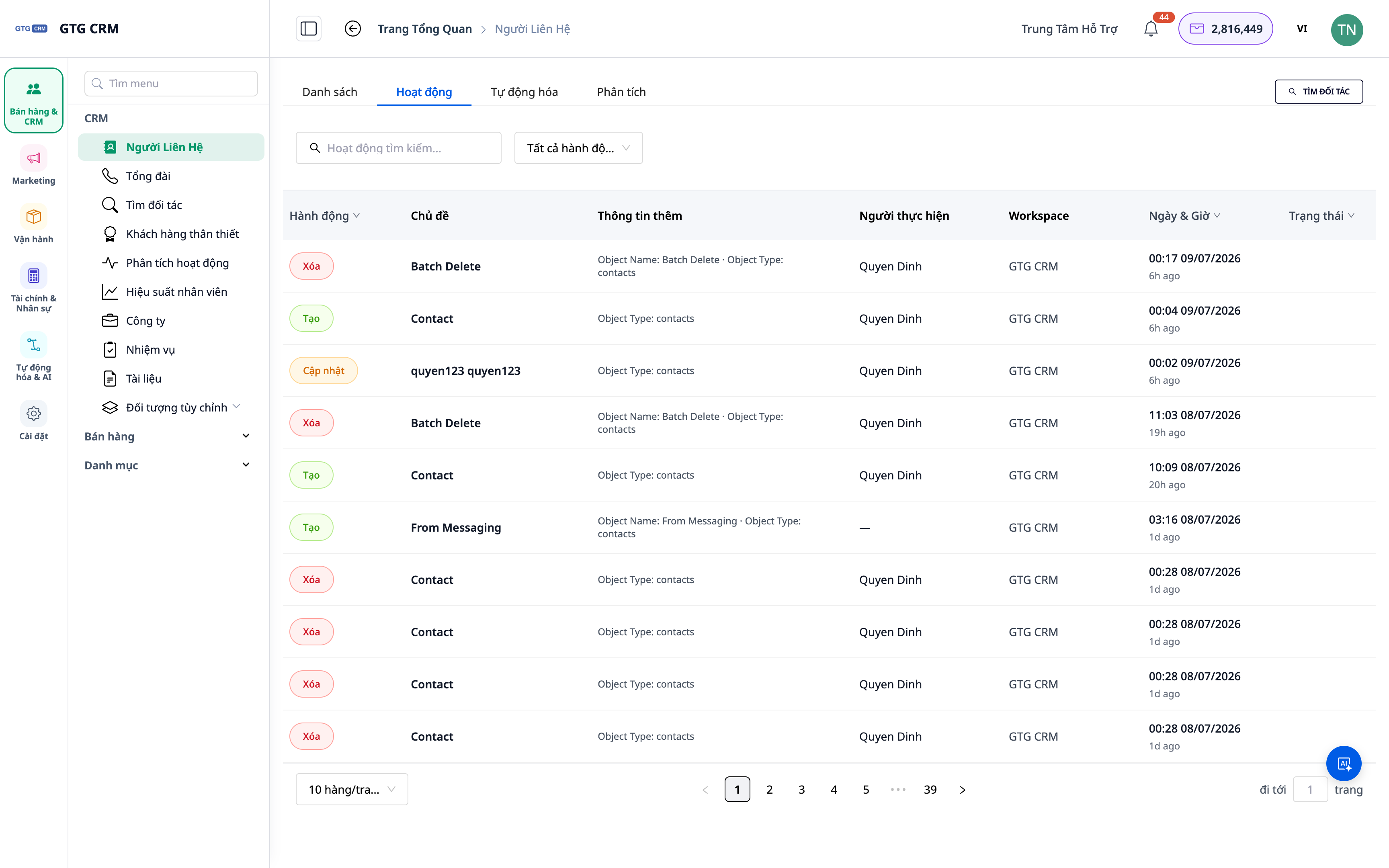 Tab Hoạt động 360° với các cột mới (bản UI mới)