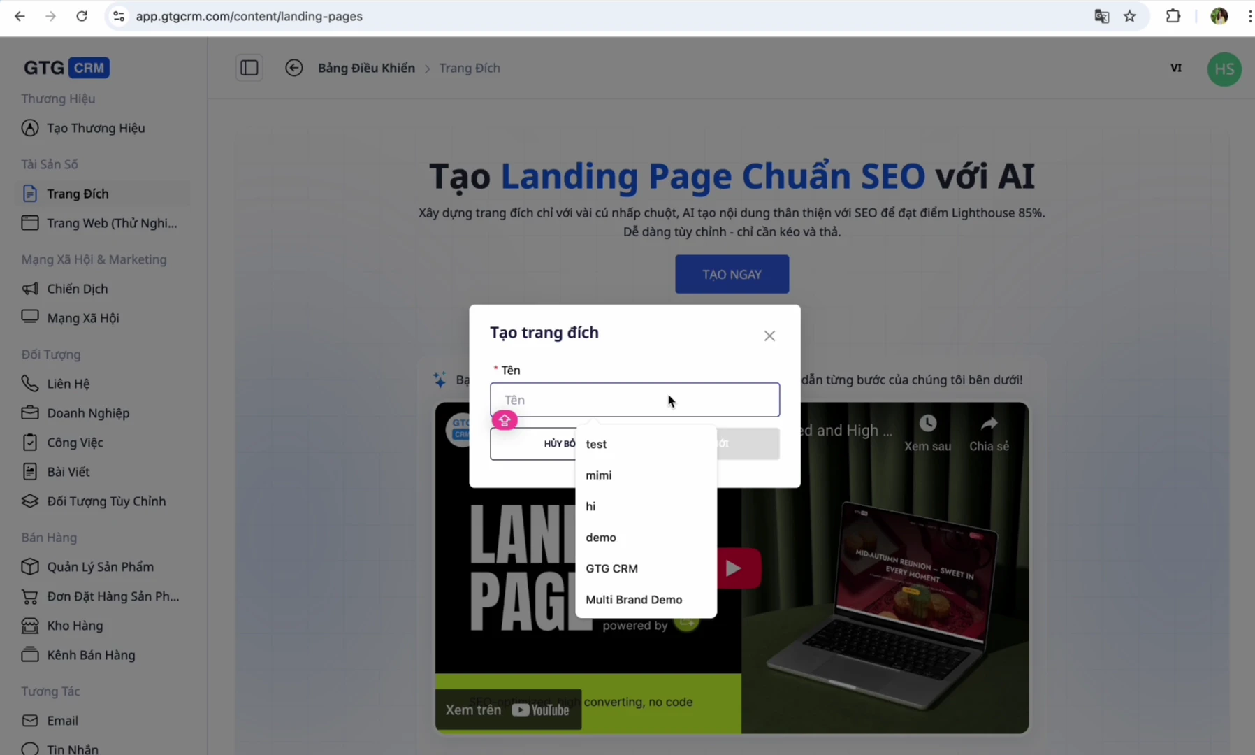 Landing Page creation menu
