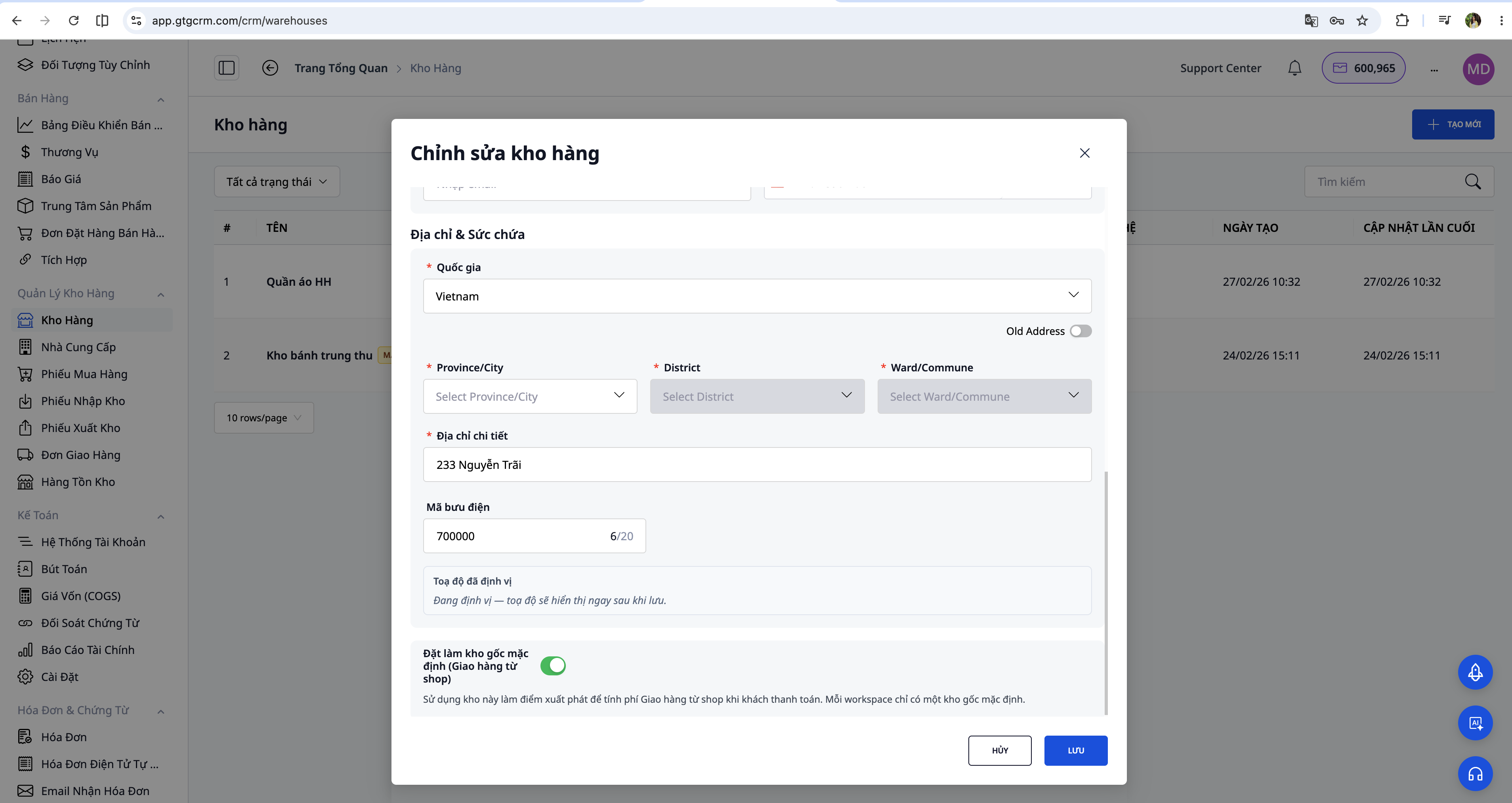 Form chỉnh sửa kho với toggle kho mặc định và preview tọa độ geocoding