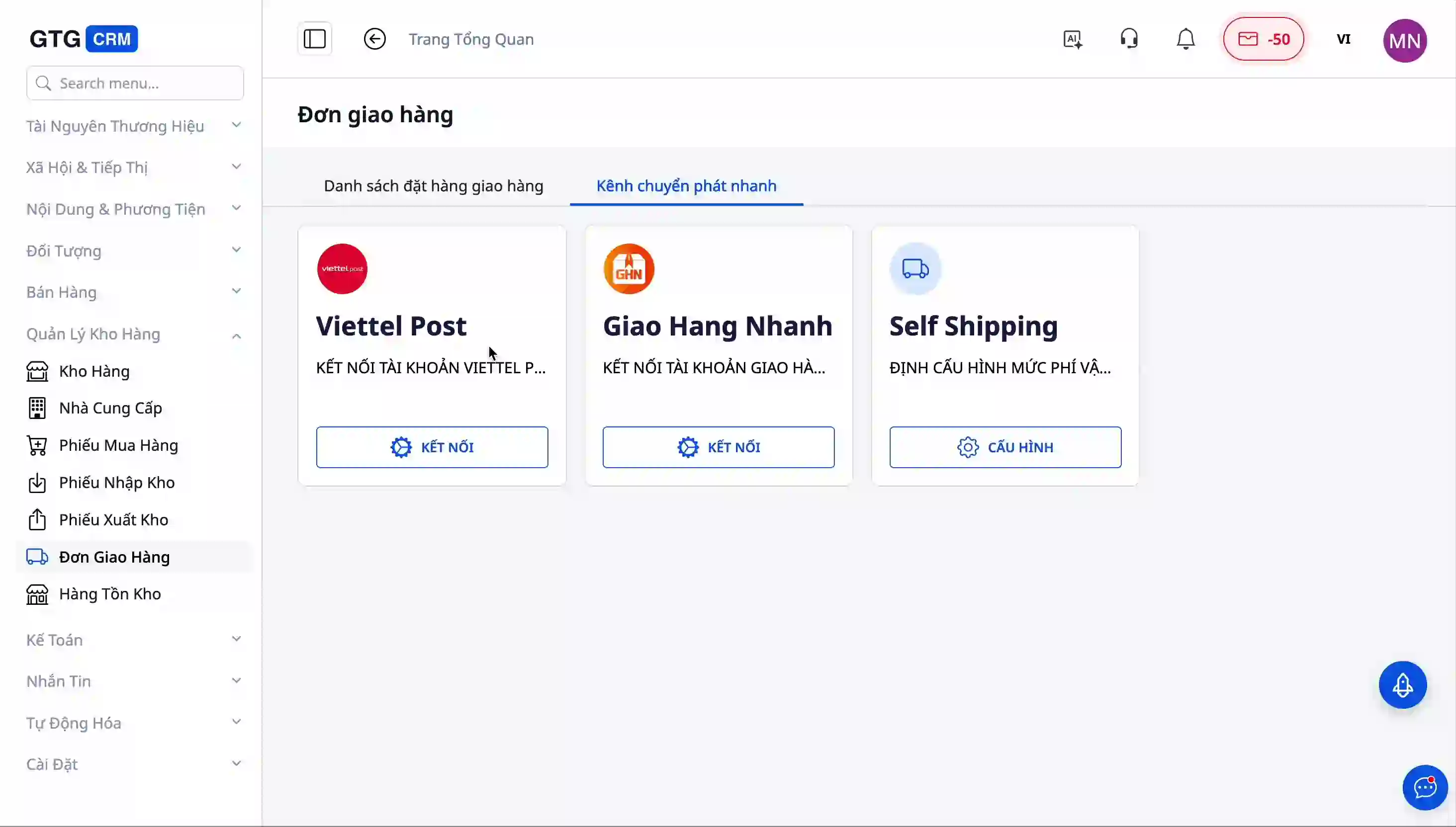 Tab Kênh chuyển phát nhanh với thẻ Self Shipping và nút CẤU HÌNH