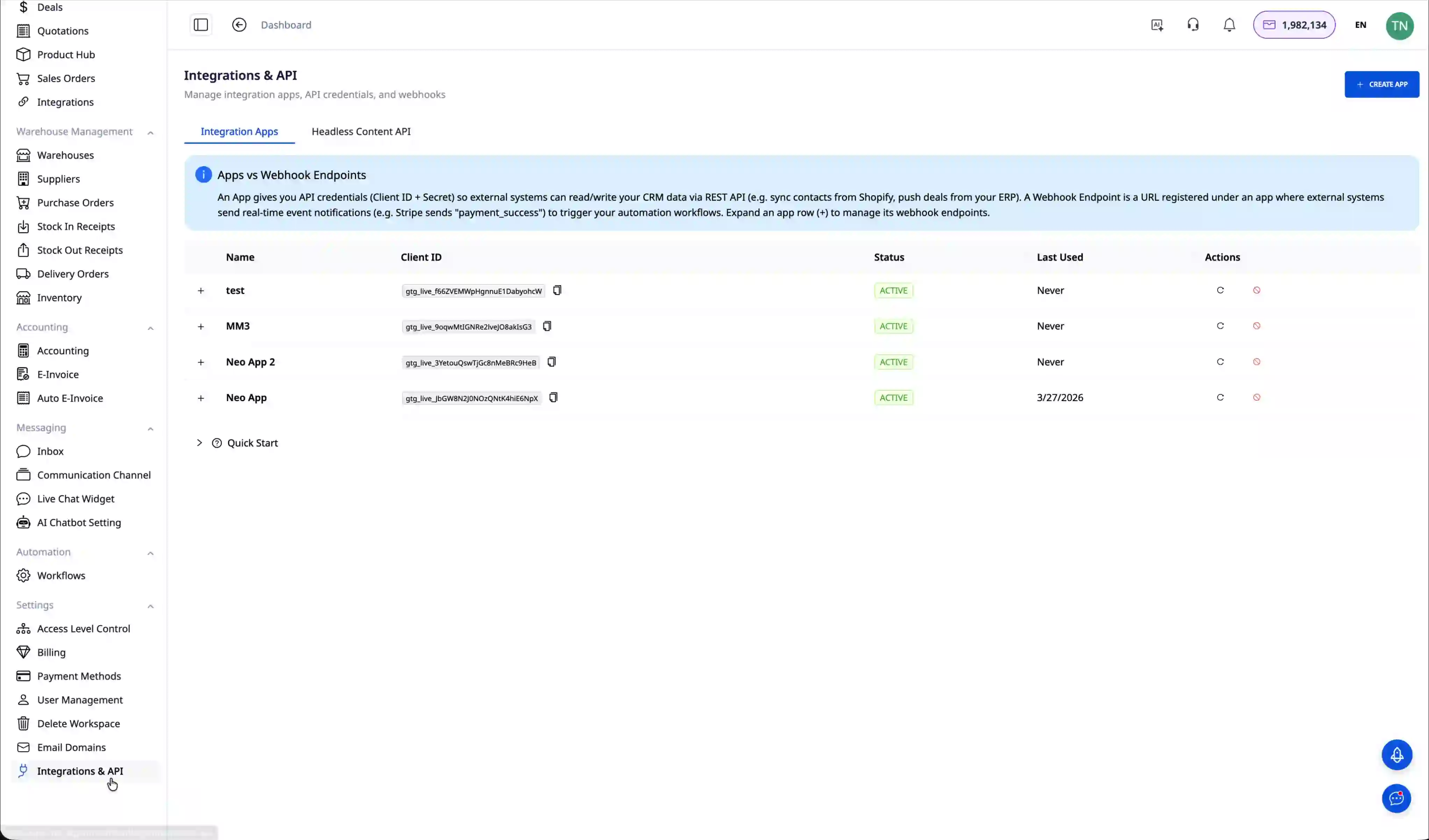 Integration Hub interface
