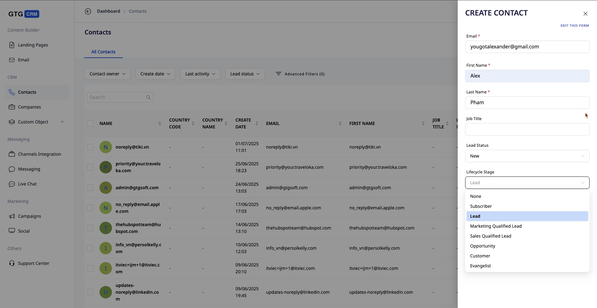 Giao diện CRM chi tiết của GTG CRM