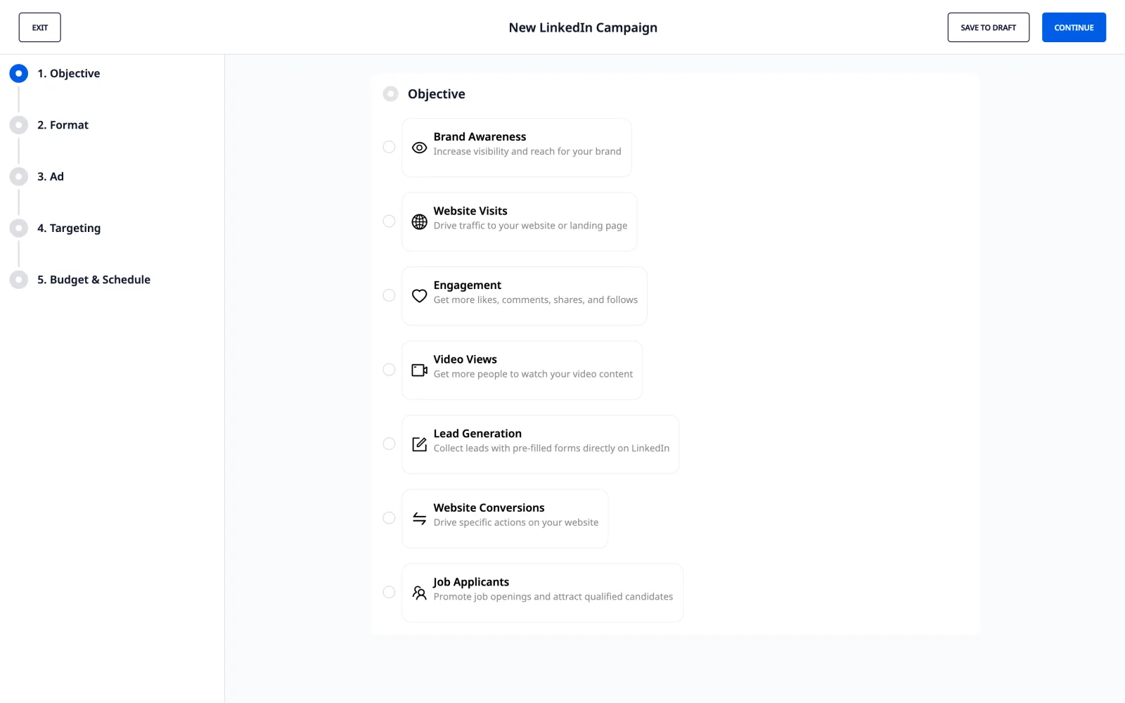Créer une campagne LinkedIn — sélectionner l'objectif de génération de leads ou de conversions de site web