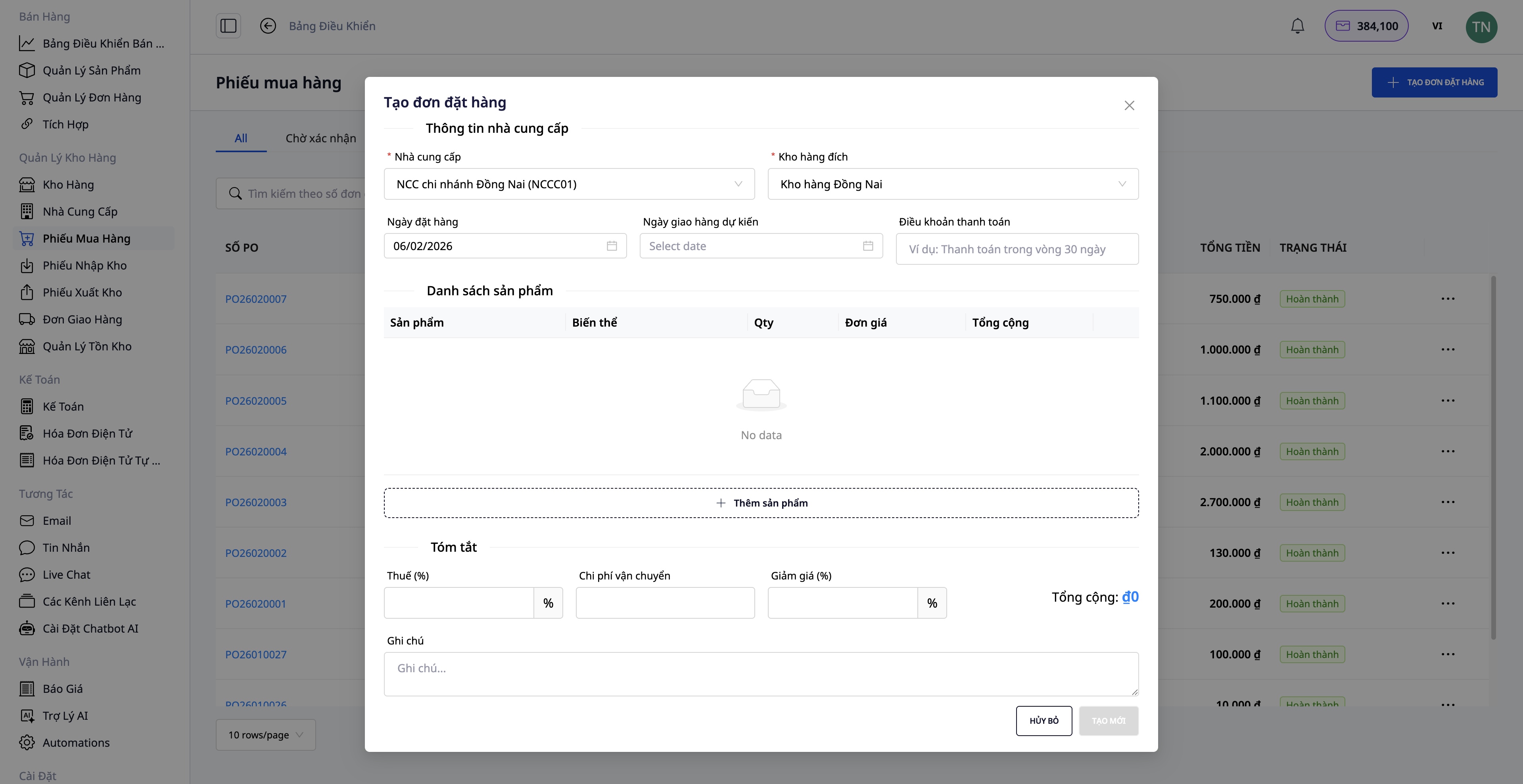 Phiếu mua hàng GTG CRM