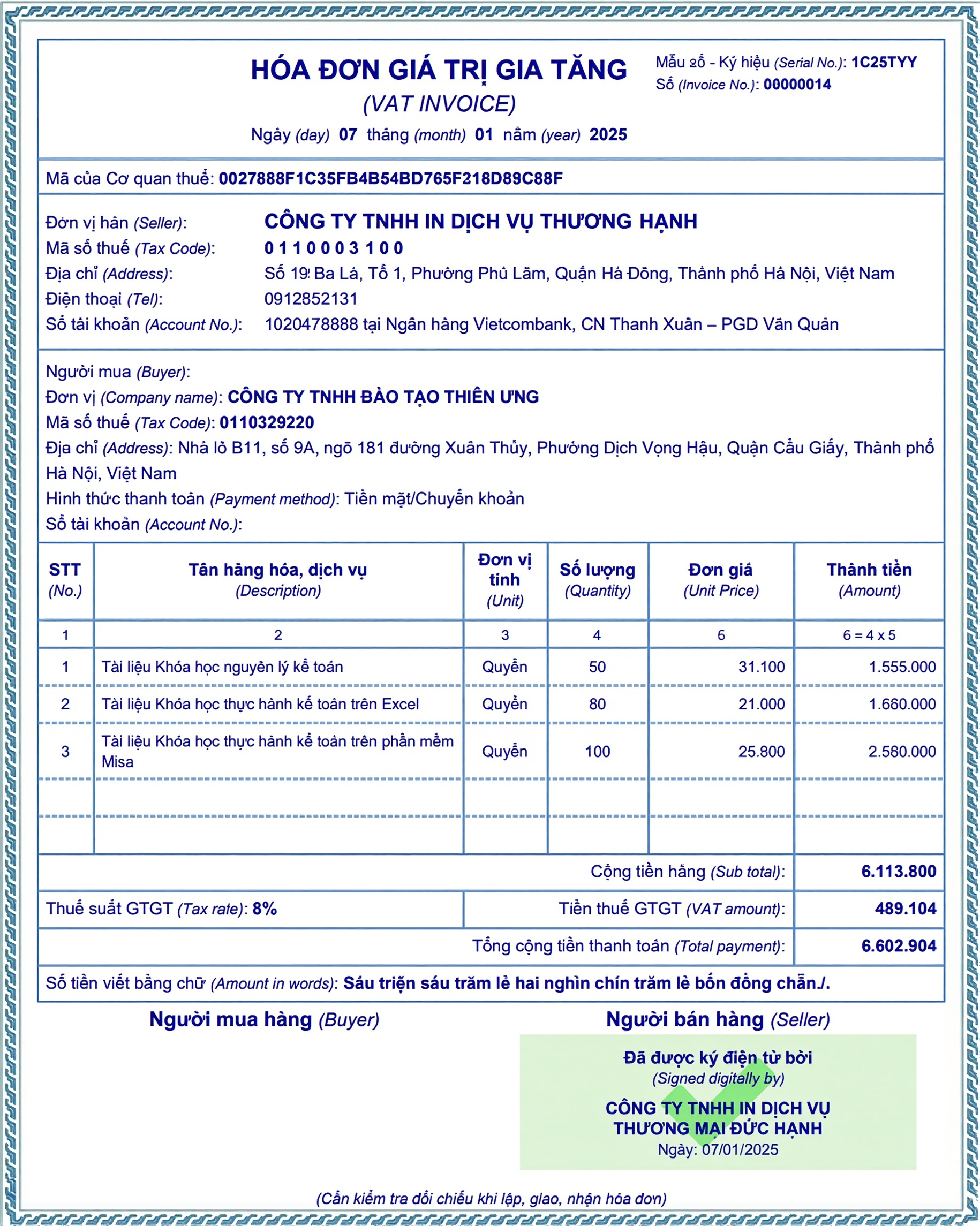 Ví dụ hóa đơn có mã CQT