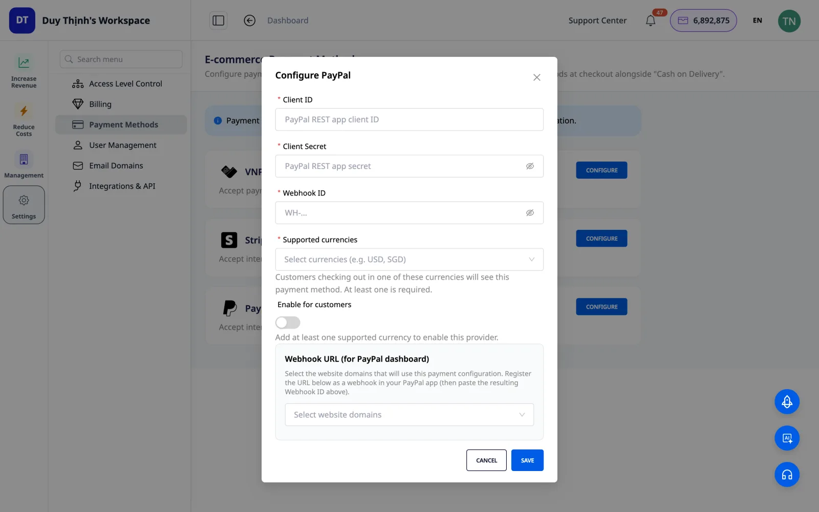 การตั้งค่า PayPal — Client ID/Secret, webhook, รองรับหลายสกุลเงิน