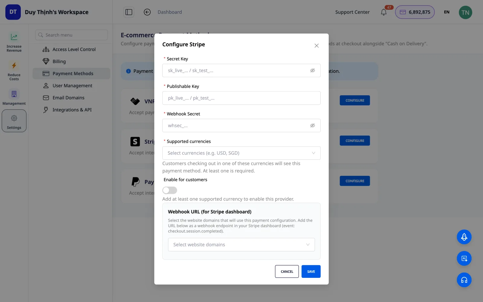 การตั้งค่า Stripe — API Key, รองรับหลายสกุลเงิน (USD, SGD…), ผูกกับแต่ละโดเมนเว็บไซต์