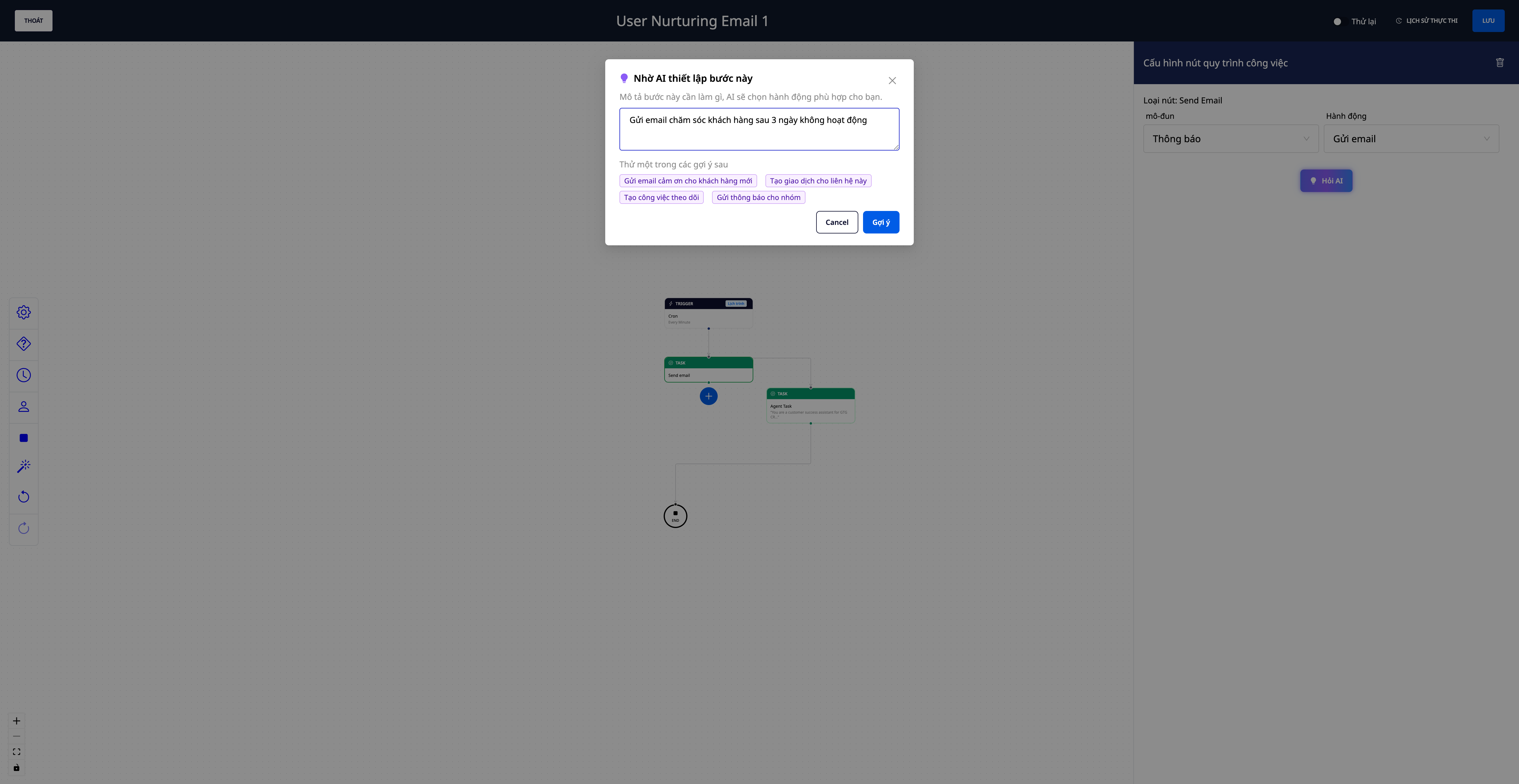 Ask AI node on step configuration panel: type intent, AI fills in action