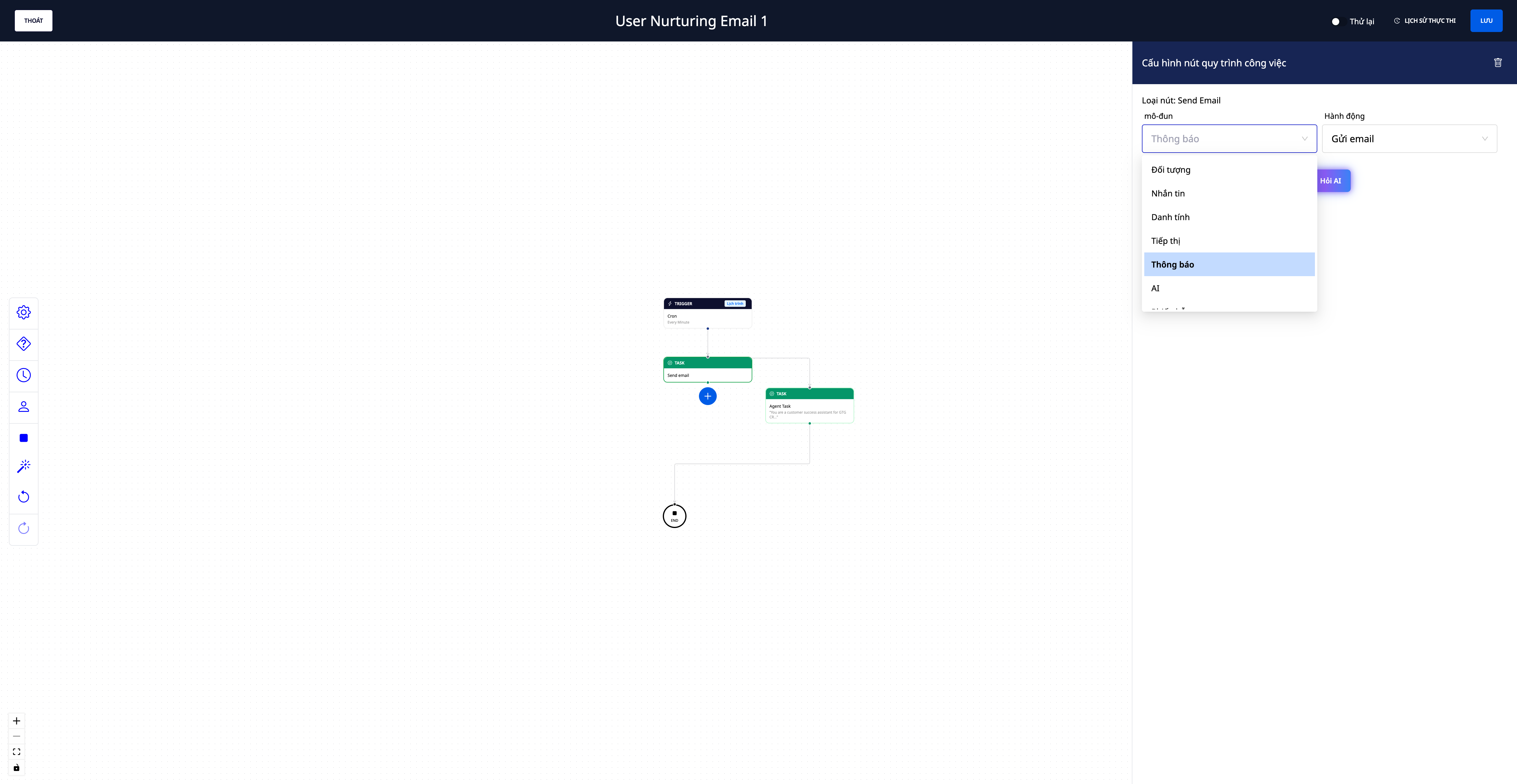 Rich action selection panel for a workflow step