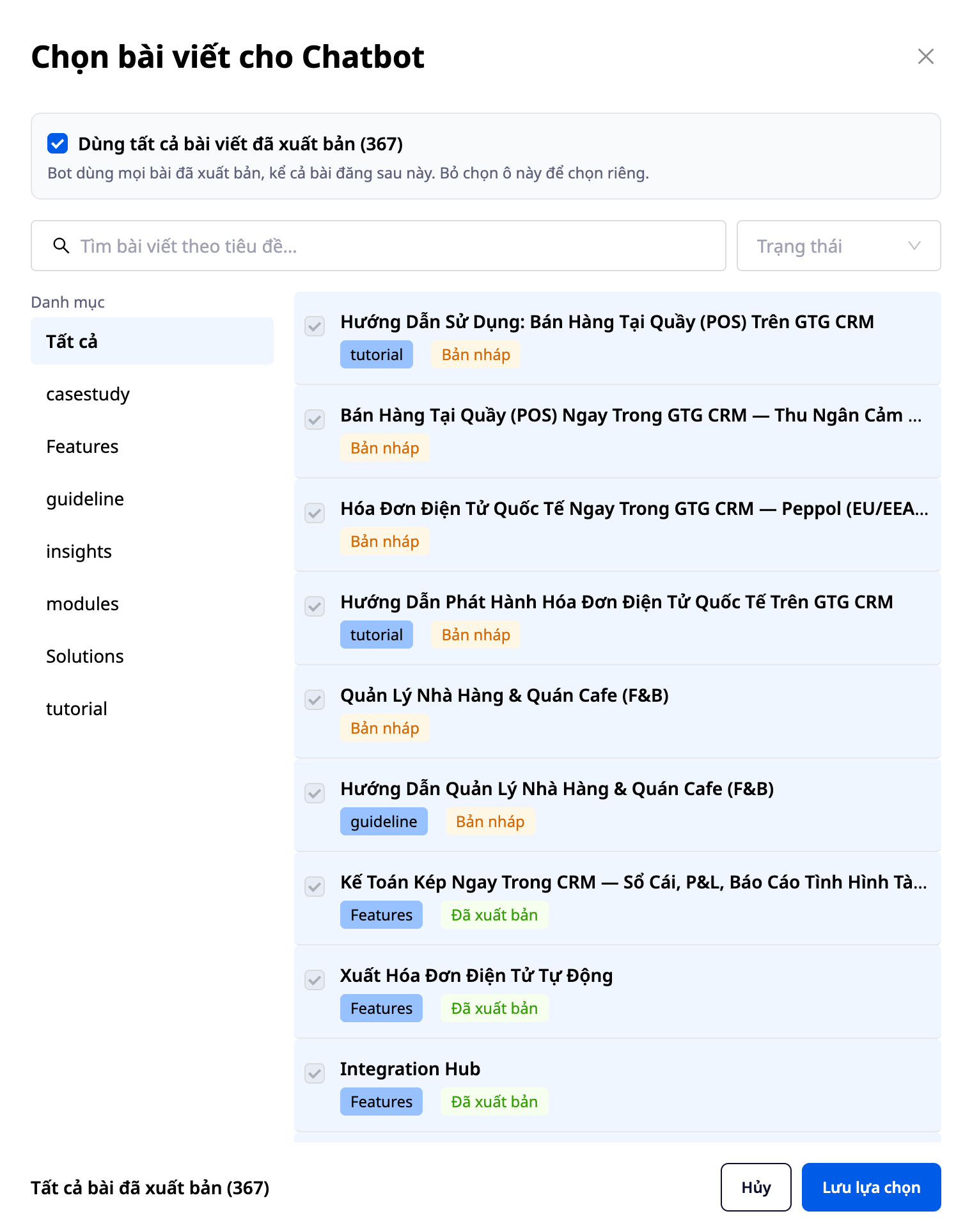 Chatbot article picker drawer with category/status filters