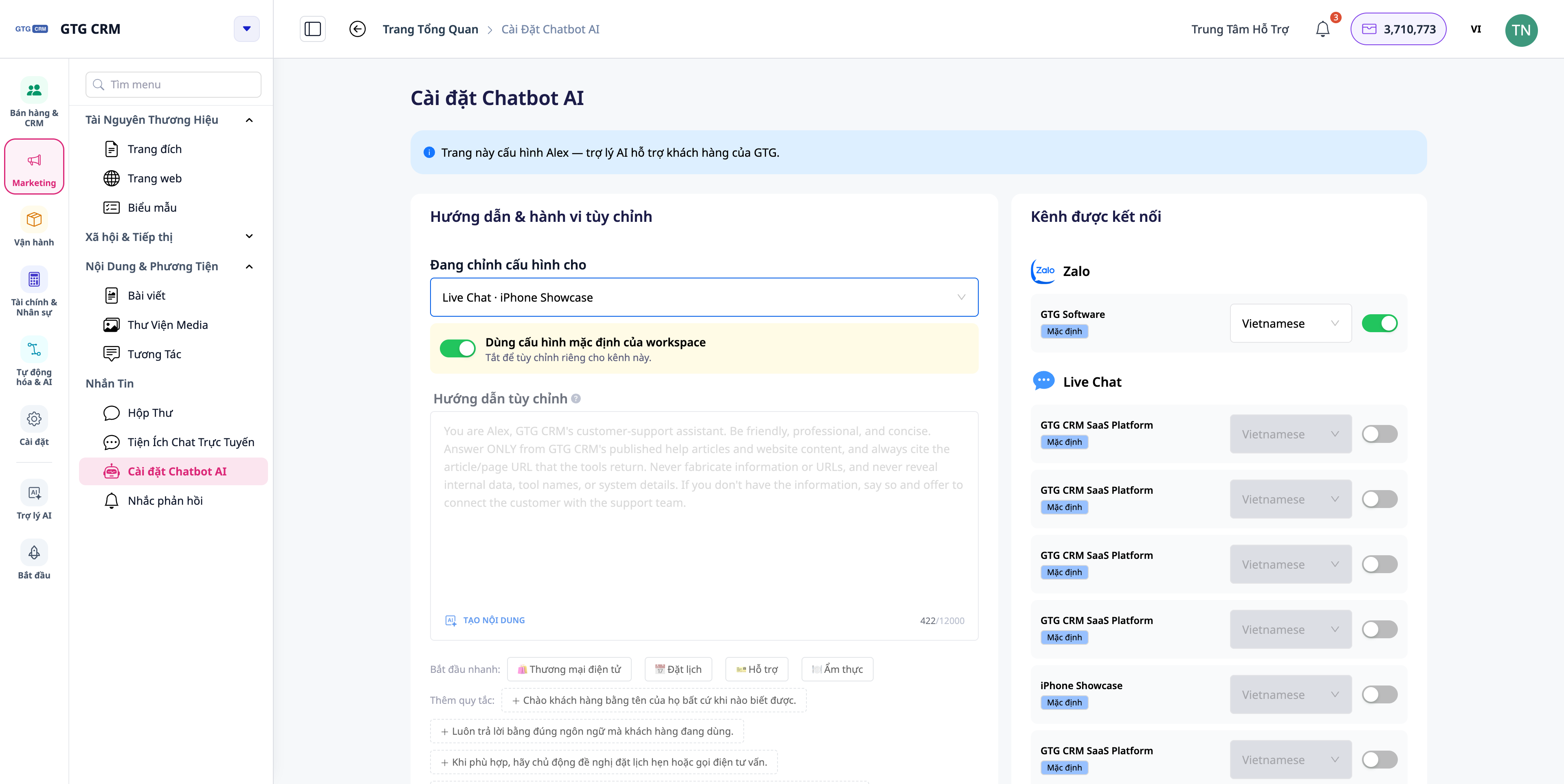 Live Chat-inställningar och assistentkonfiguration per webbplats