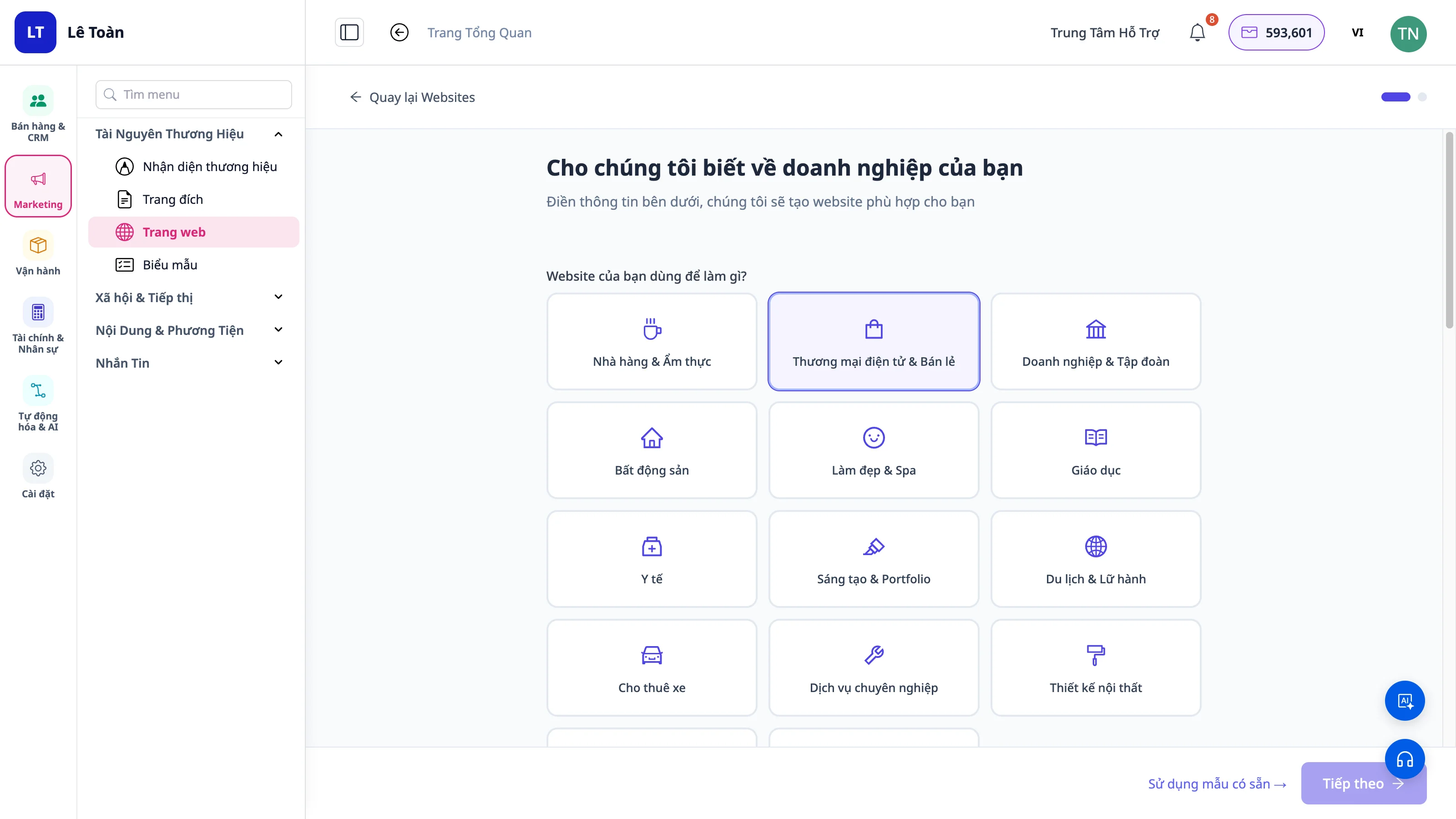 Điền thông tin về website